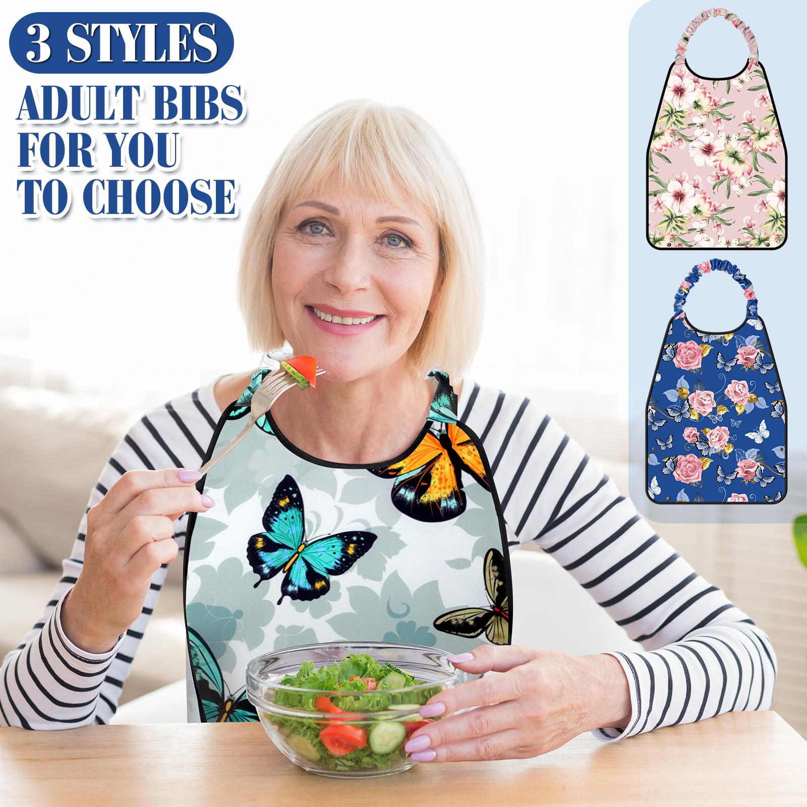 Shihanee 3 Pack Waterproof Adult Bibs for Women - Adjustable Neck Closure, Crumb Catcher - Ideal for Elderly Care, Mealtime & Dining Protection