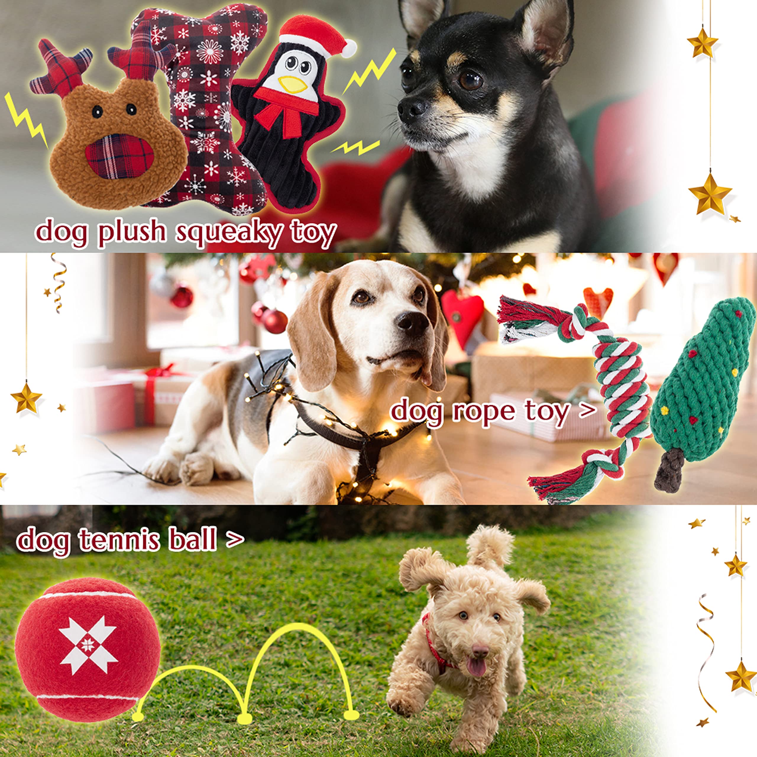 Christmas Dog Toys 6-Pack - Squeaky Chew Toys, Rope Toys & Red Tennis Balls for Small to Large Dogs | Interactive Holiday Pet Gifts for Puppies & Adult Dogs | Perfect for Christmas Playtime, Training & Gift Giving