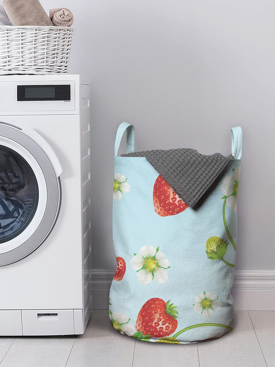 Ambesonne Fruit Laundry Bag - Summer Themed Strawberry Garden Fresh Design with Handles & Drawstring Closure, 13