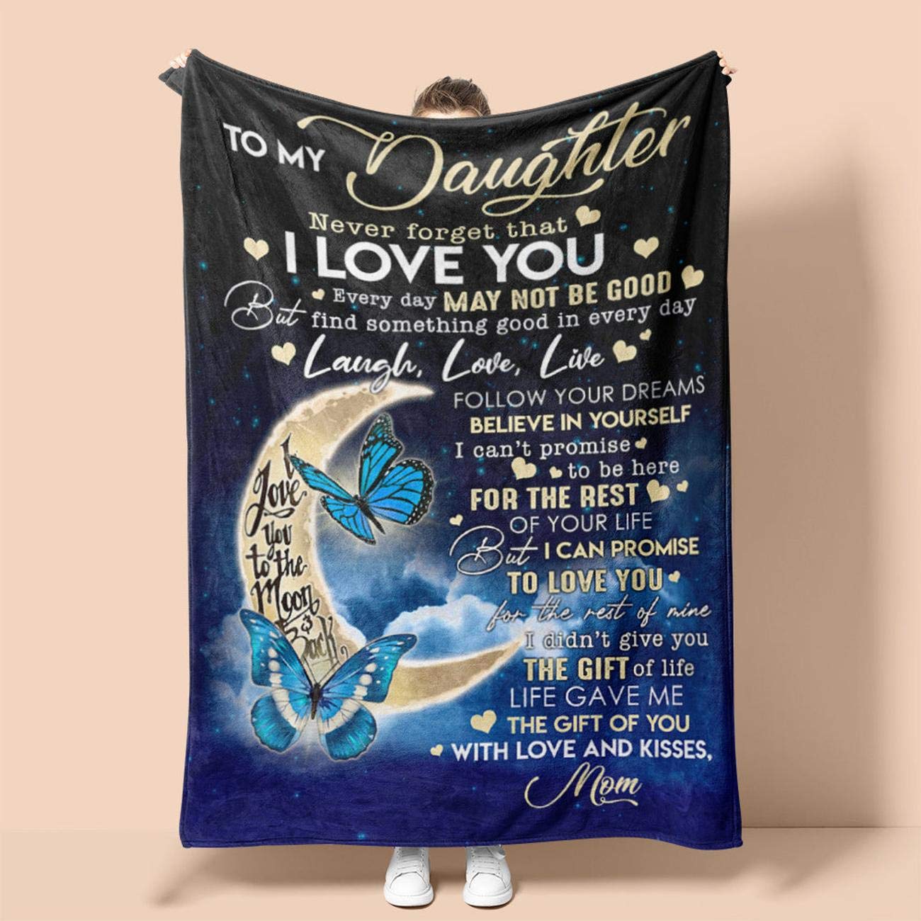 Personalized Fleece Sherpa Blanket for Daughter - Blue Sky Butterfly 