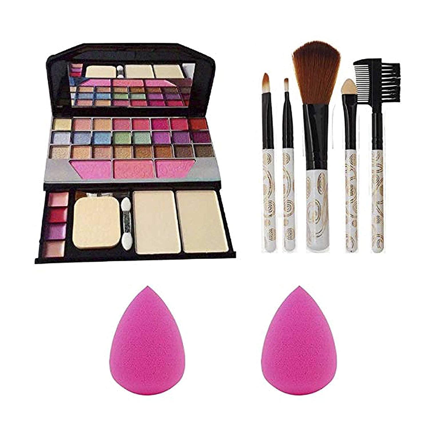 Zaduhik TYA Fashion 6155 Professional 5-Piece White Makeup Brush Set & 2 Pink Beauty Blenders - Complete Multicolor Makeup Kit (Pack of 8) for Makeup Artists, Beginners & Beauty Enthusiasts - Perfect for Daily Use, Travel & Professional Makeup Application