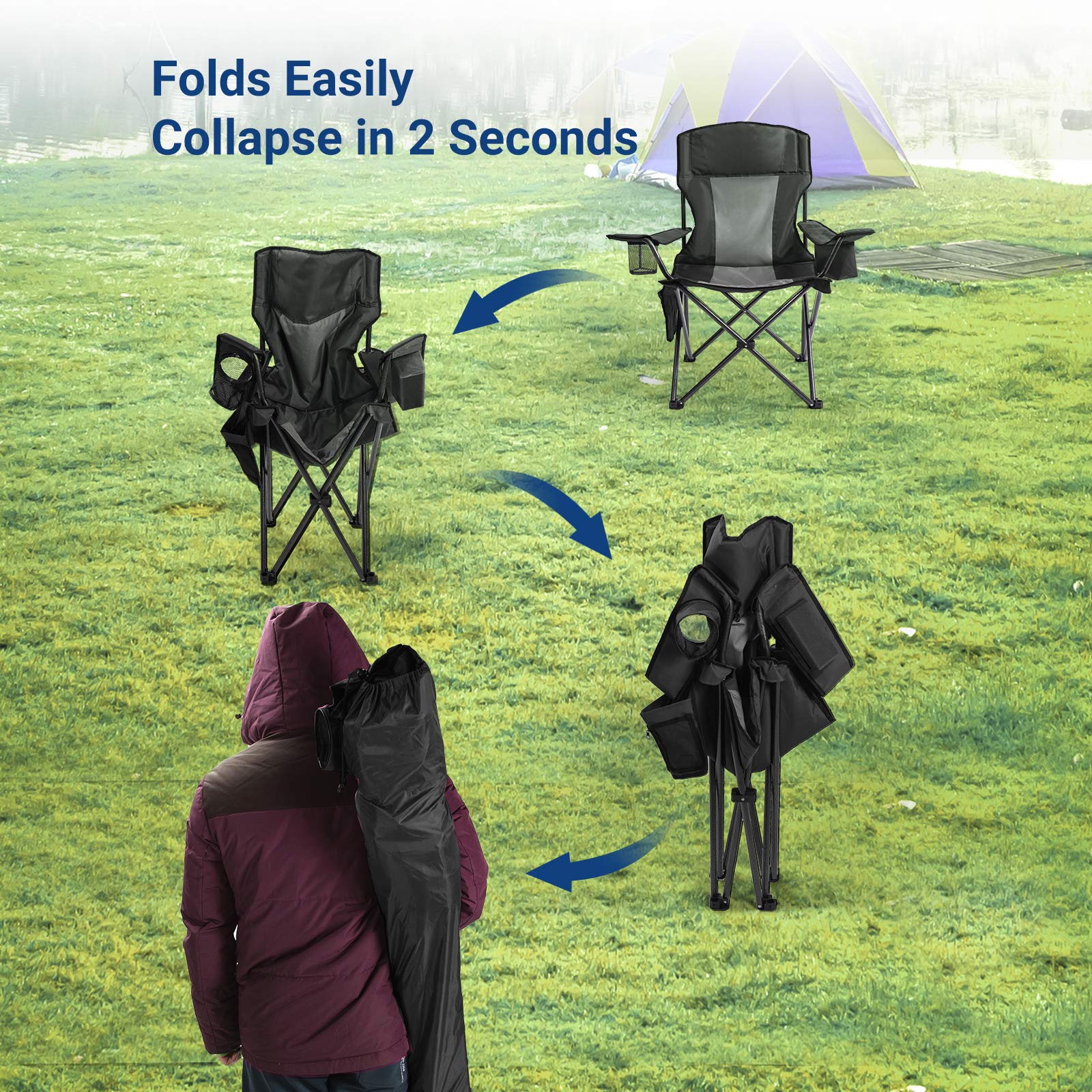 AsterOutdoor Heavy Duty Camping Folding Chair with Padded Seat, Large Cup Holders & Side Organizer - 350lbs Capacity for Backyard, Beach, Fishing, Picnics & Outdoor Events | Portable Quad Arm Chair with Back Pocket for Comfortable Relaxation