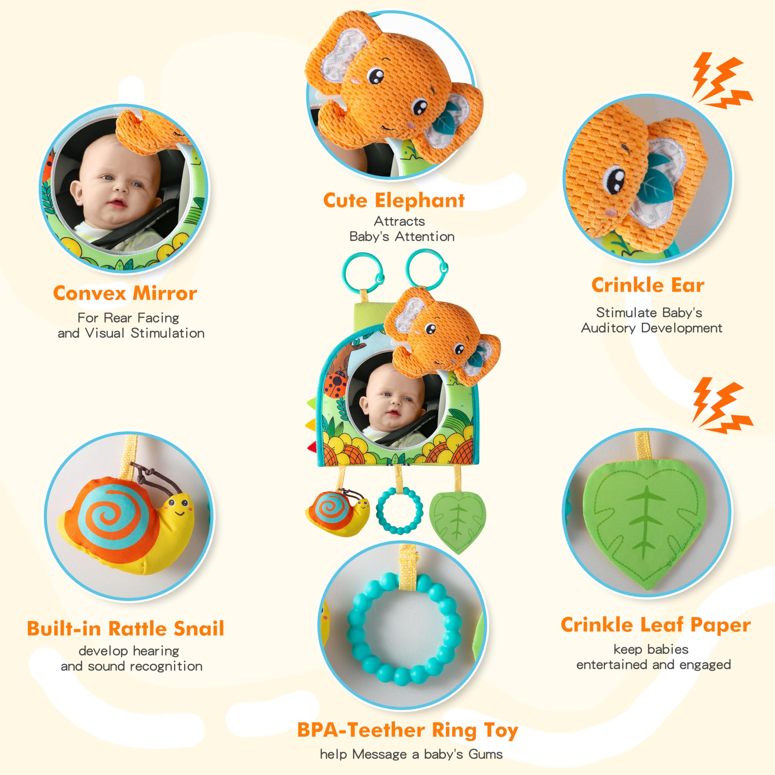 Baby Car Mirror & Toy Set for Rear Facing - Safe Travel Activity Center with Hanging Toys for Infants 0-18 Months - Perfect for Road Trips & Long Car Rides (Gender Neutral Design)