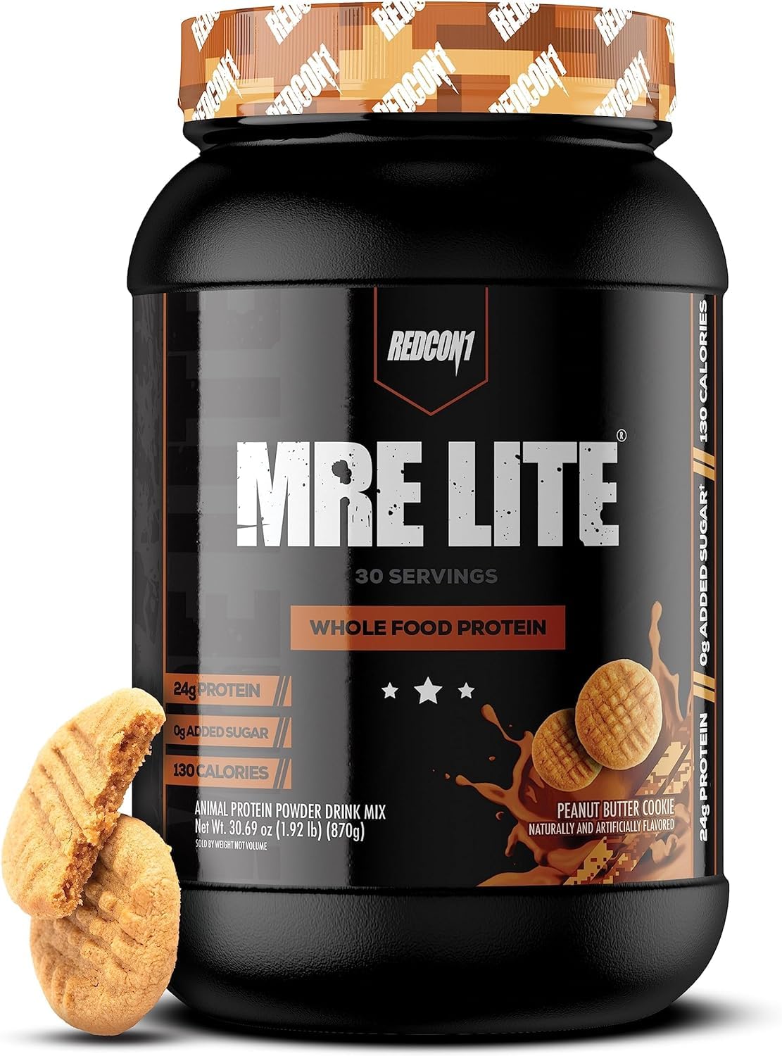 REDCON1 MRE Lite Whole Food Protein Powder - Peanut Butter Cookie Flavor | Low Carb Whey-Free Meal Replacement with Animal Protein Blends | Easy Digest MCT Oil Supplement (30 Servings) for Post-Workout Recovery & Healthy Weight Management