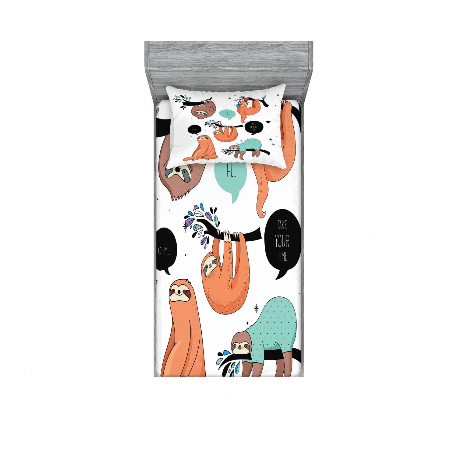 Ambesonne 2-Pack Smiling Sloth Cartoon Twin XL Fitted Sheet & Pillow Sham Set - 4 Piece Bedding Decor for Kids & Teens - Soft Microfiber Sheets for Dorms, Daycare & Sleepovers - Multicolor Animal Print