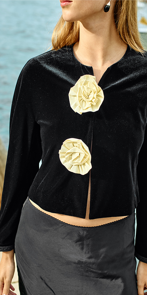 Javiera Women's Velvet Rosette Jacket - Elegant Blazer for Weddings, Parties & Special Occasions | Plus Size Options Available