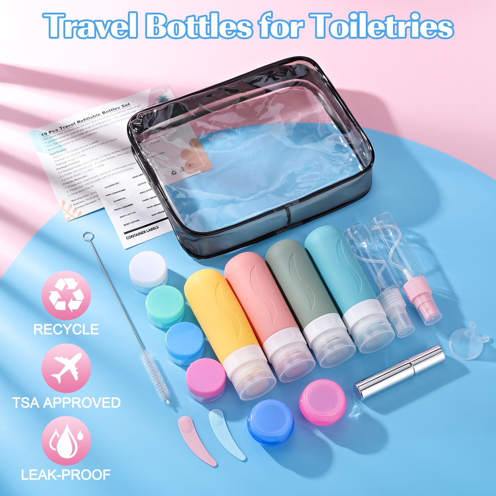 19 Pack Travel Size Toiletries Containers Set - Refillable Leak Proof Perfume Bottles & TSA Approved Clear Toiletry Bag for Women | Perfect for Airplane Carry On, Vacation Essentials & Gym Must Haves