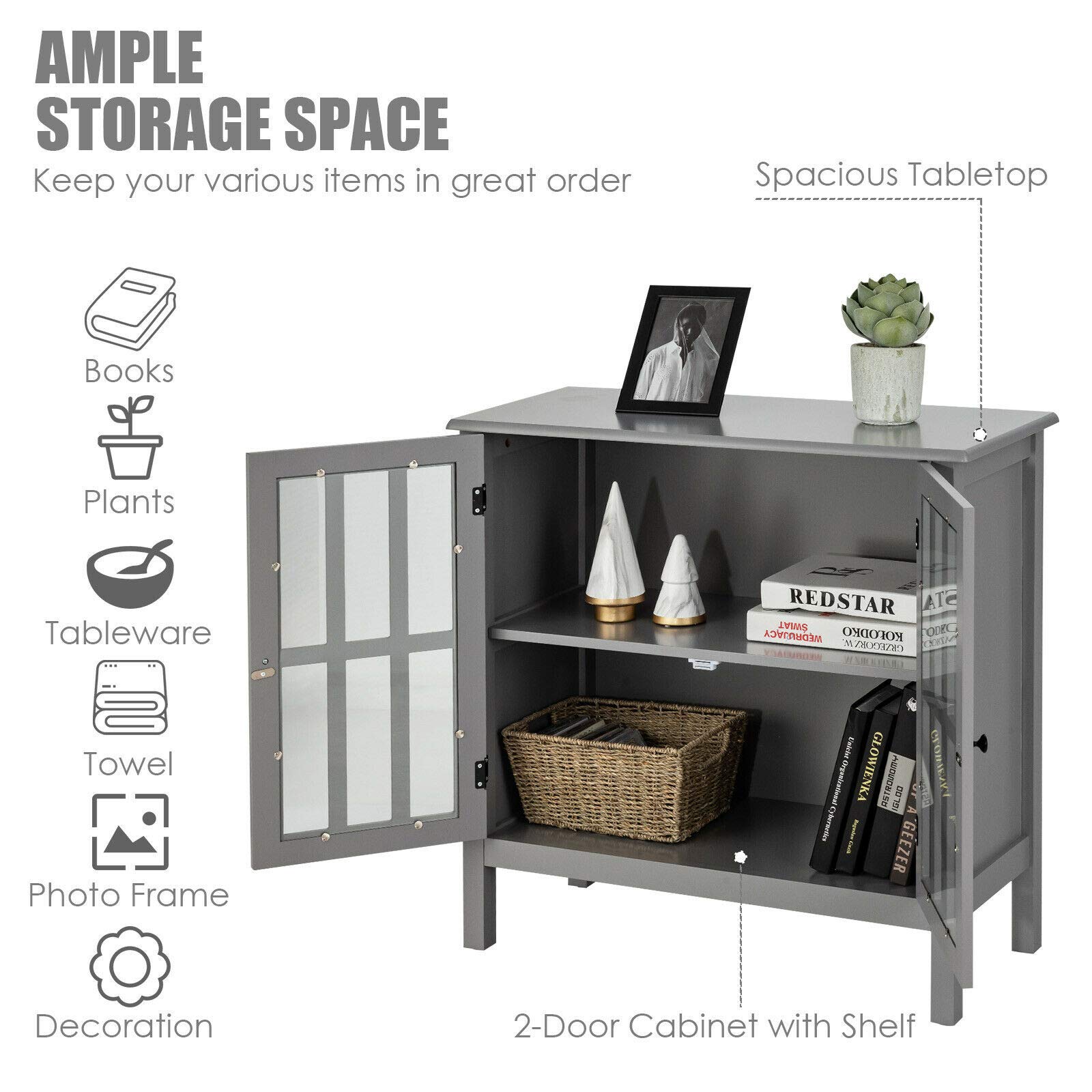 Modern Elegant Storage Buffet Cabinet Console Table Sideboard with Glass Door - Sturdy & Durable Free Standing Furniture for Bathroom, Hallway, Living Room - Perfect for Home Organization & Stylish Decor in Gray