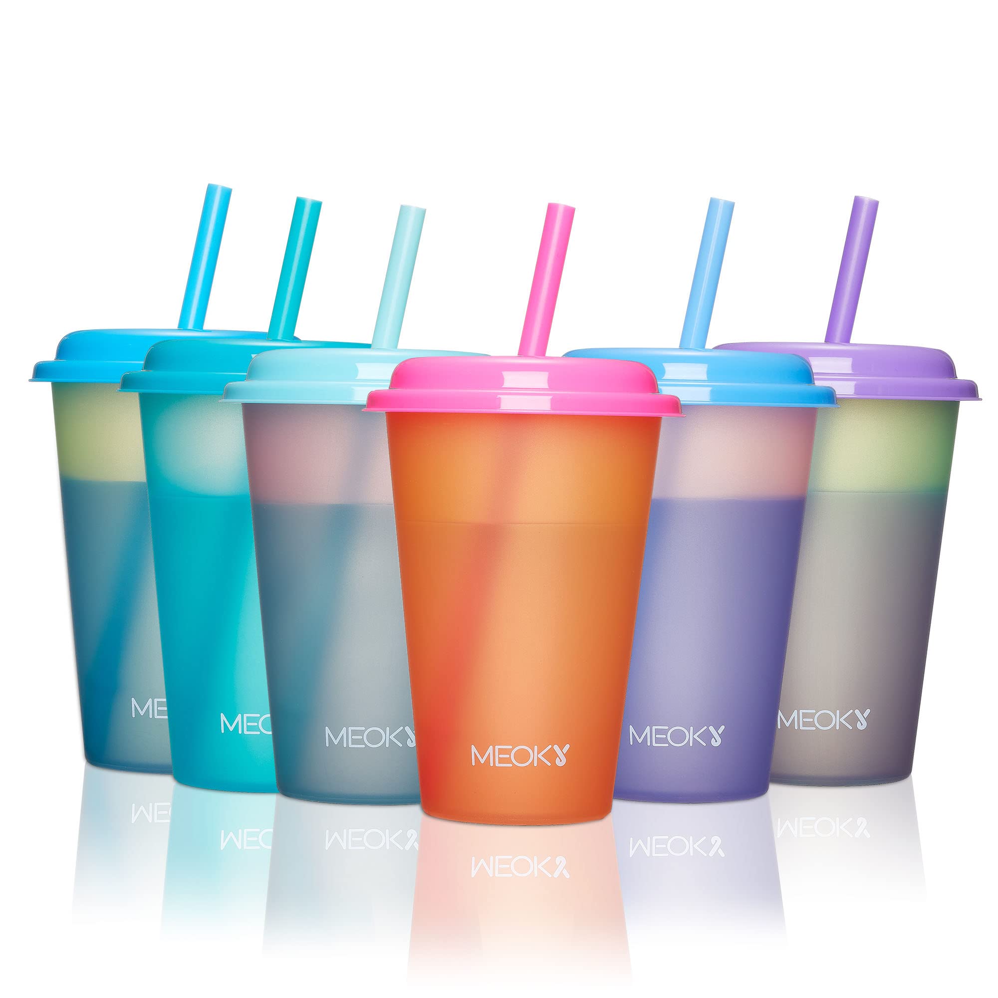 Meoky 12oz Color Changing Plastic Cups with Lids & Straws - 12 Pack Reusable Kids Tumblers for Cold Drinks, Summer Parties, Picnics, and Outdoor Activities