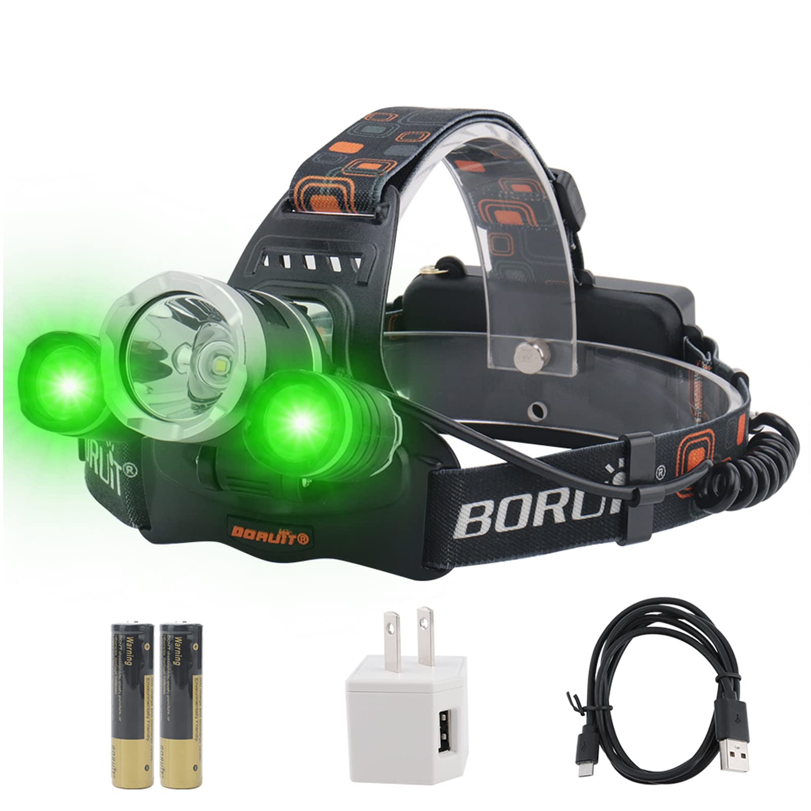 BORUIT RJ-3000 LED Green Headlamp - 5000 Lumens USB Rechargeable Hunting Headlight with 3 Modes (White/Green) - Tactical Headlamp for Fishing, Running, Camping, Hiking & Outdoor Adventures