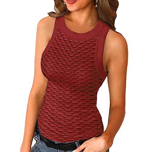 Janepam Women's Summer Waffle Honeycomb Tank Top - Sexy Slim Fit Sleeveless O-Neck Blouse Camisole for Casual Wear, Beach & Date Night