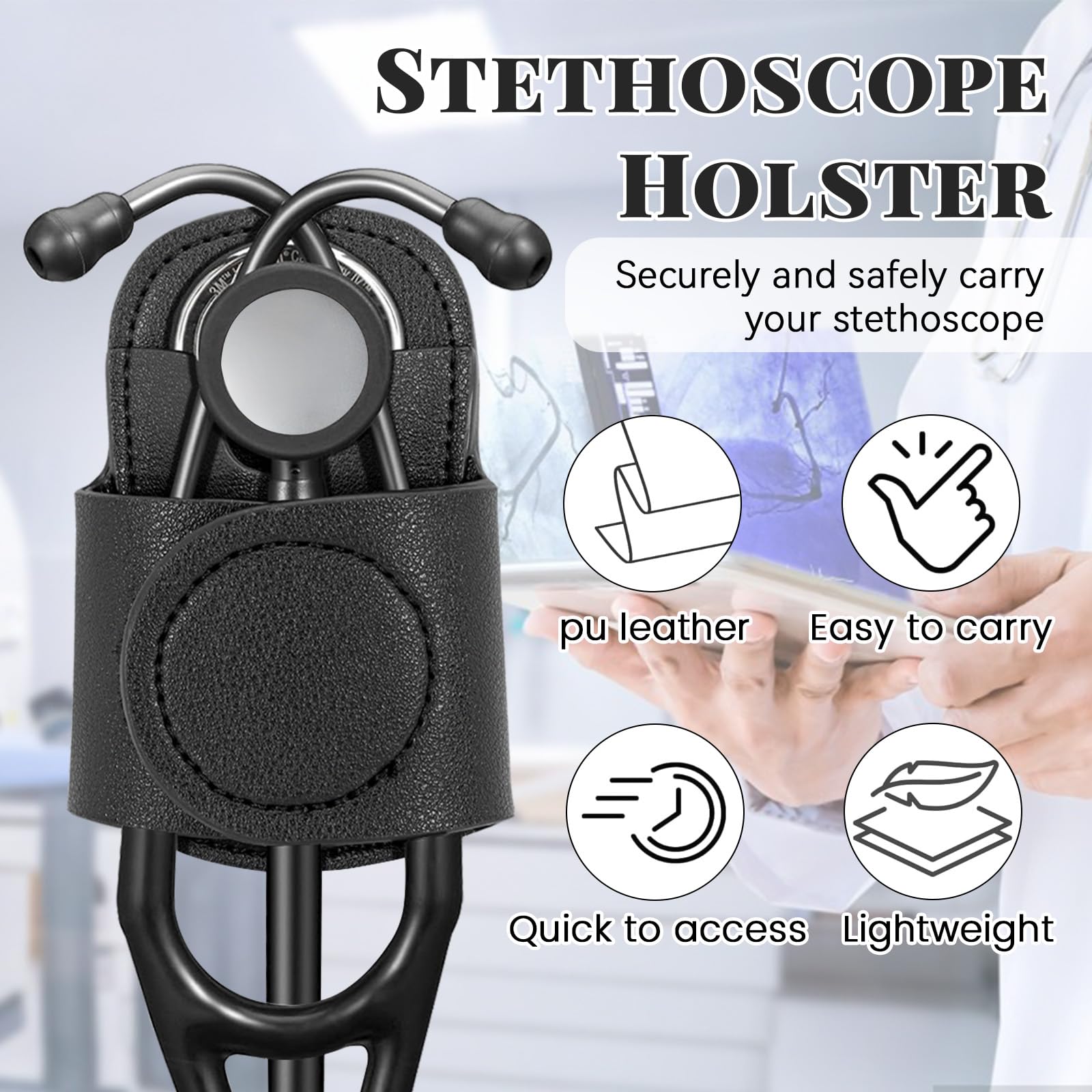Premium Leather Stethoscope Holder with Hip Clip - Waist Belt Attachment for Doctors & Nurses (Black) | Ideal for Medical Professionals, EMTs & Healthcare Workers On-The-Go