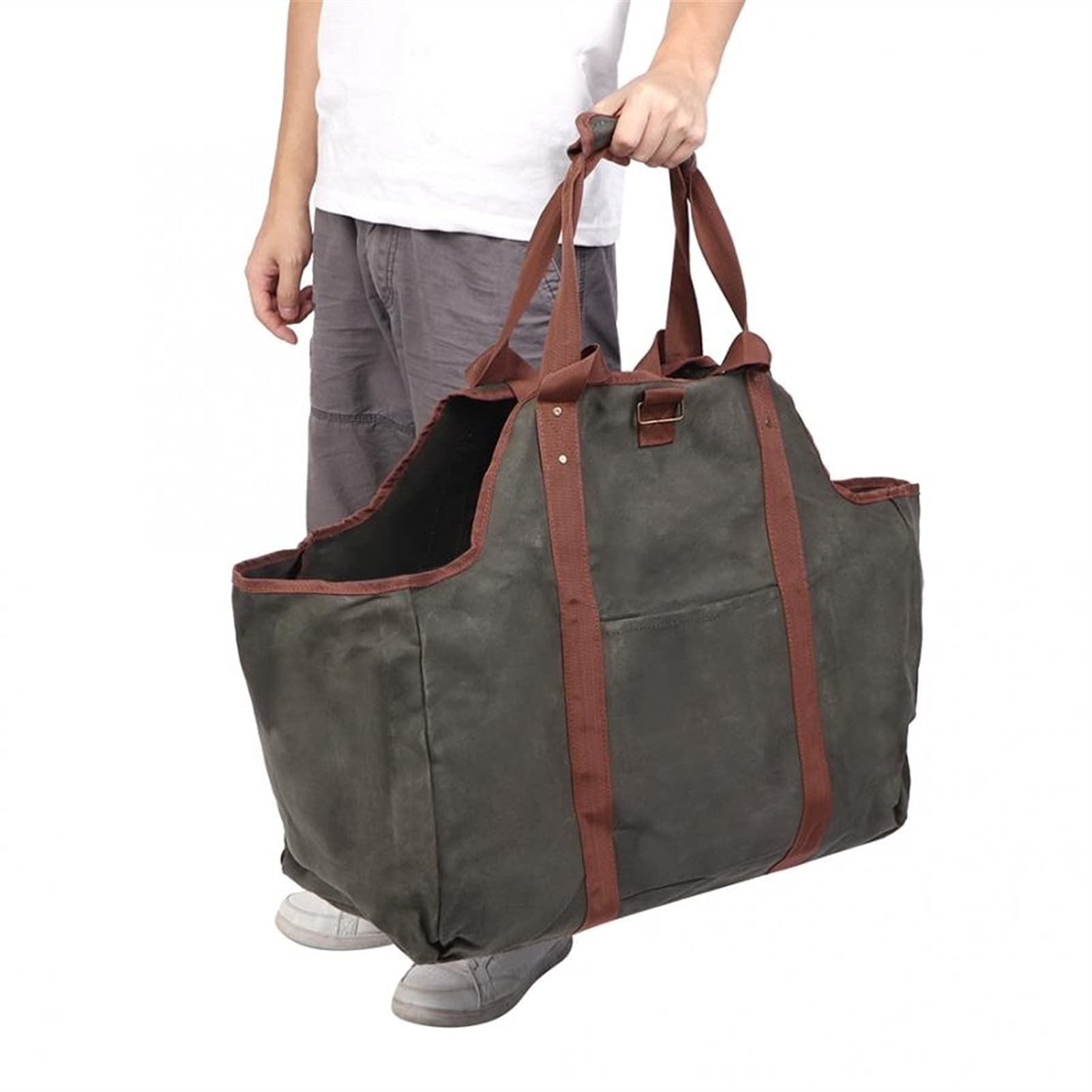 Premium Waxed Canvas Firewood Carrier - Large Thickened Portable Log Tote Bag for Camping, Hiking & Outdoor Firewood Storage (Gray) - Perfect for Backyard BBQs, Fire Pits & Wood Stove Use