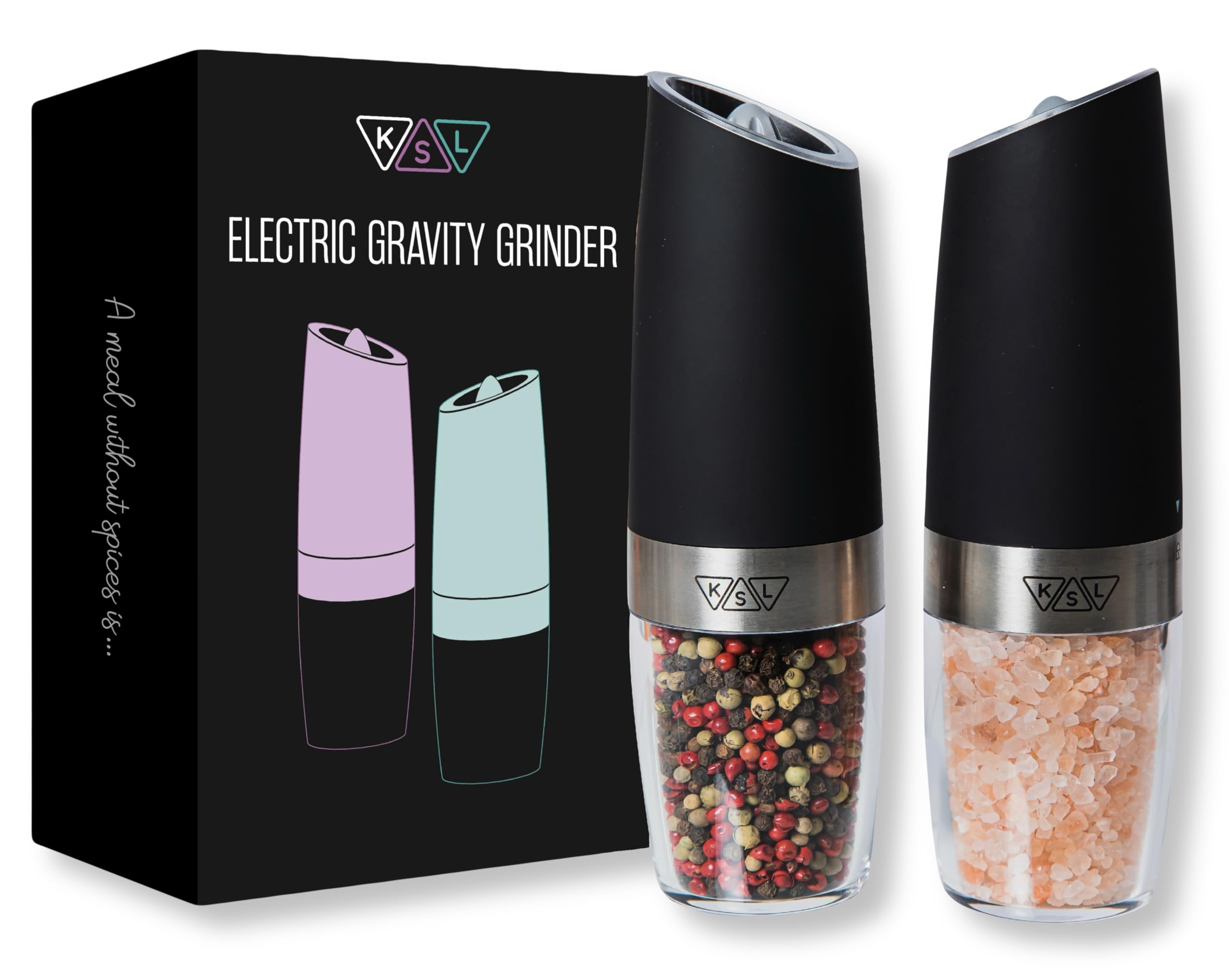 KSL Gravity Electric Salt and Pepper Grinder Set - Automatic Adjustable Battery Powered Mill - Perfect Kitchen Gadget for Cooking & Seasoning - Ideal Mother's Day Gift for Home Chefs