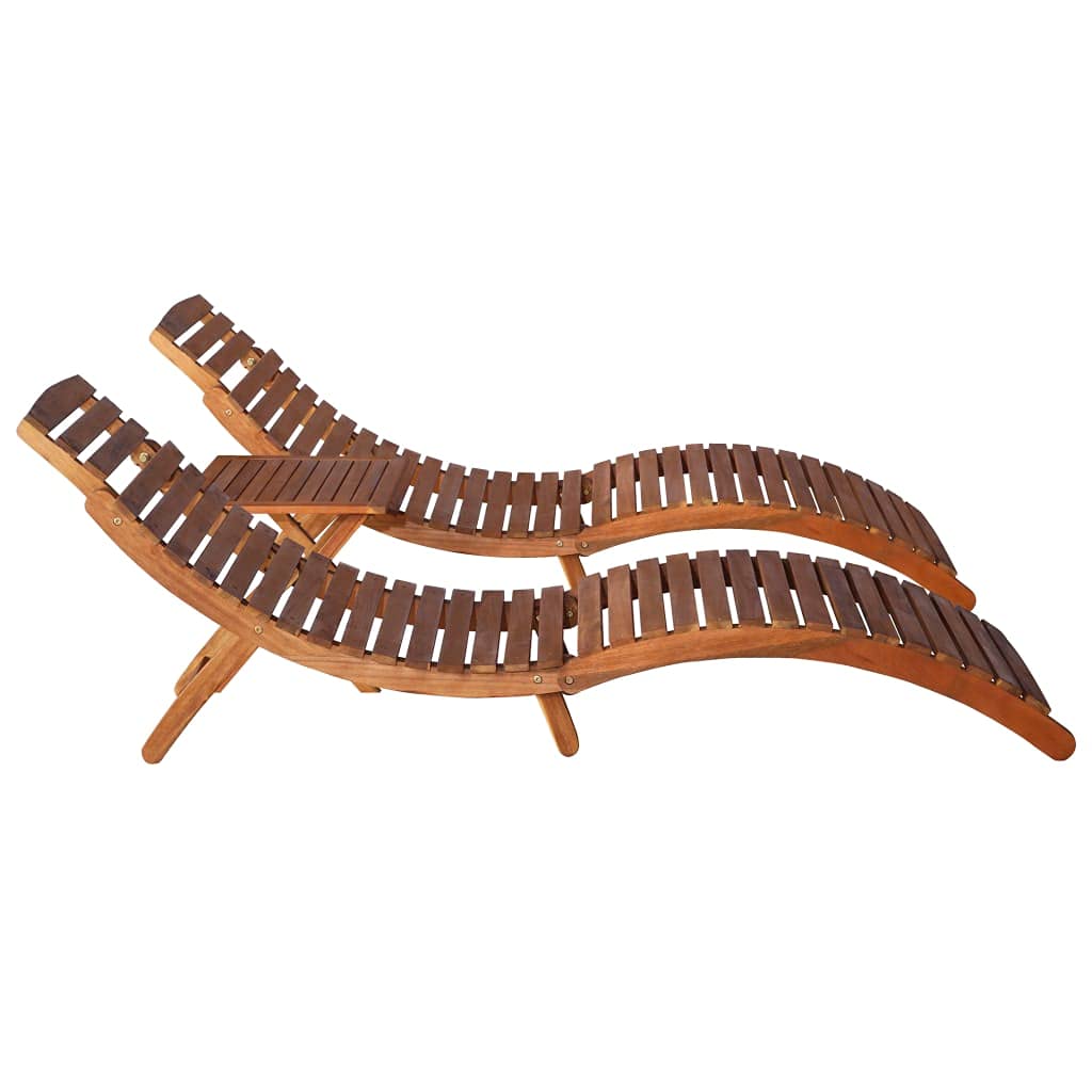 Premium Acacia Wood 3-Piece Sun Lounger Set with Tea Table - Natural Oil Finish Weather-Resistant Outdoor Patio Furniture - Space-Saving Design for Poolside, Garden & Backyard Relaxation