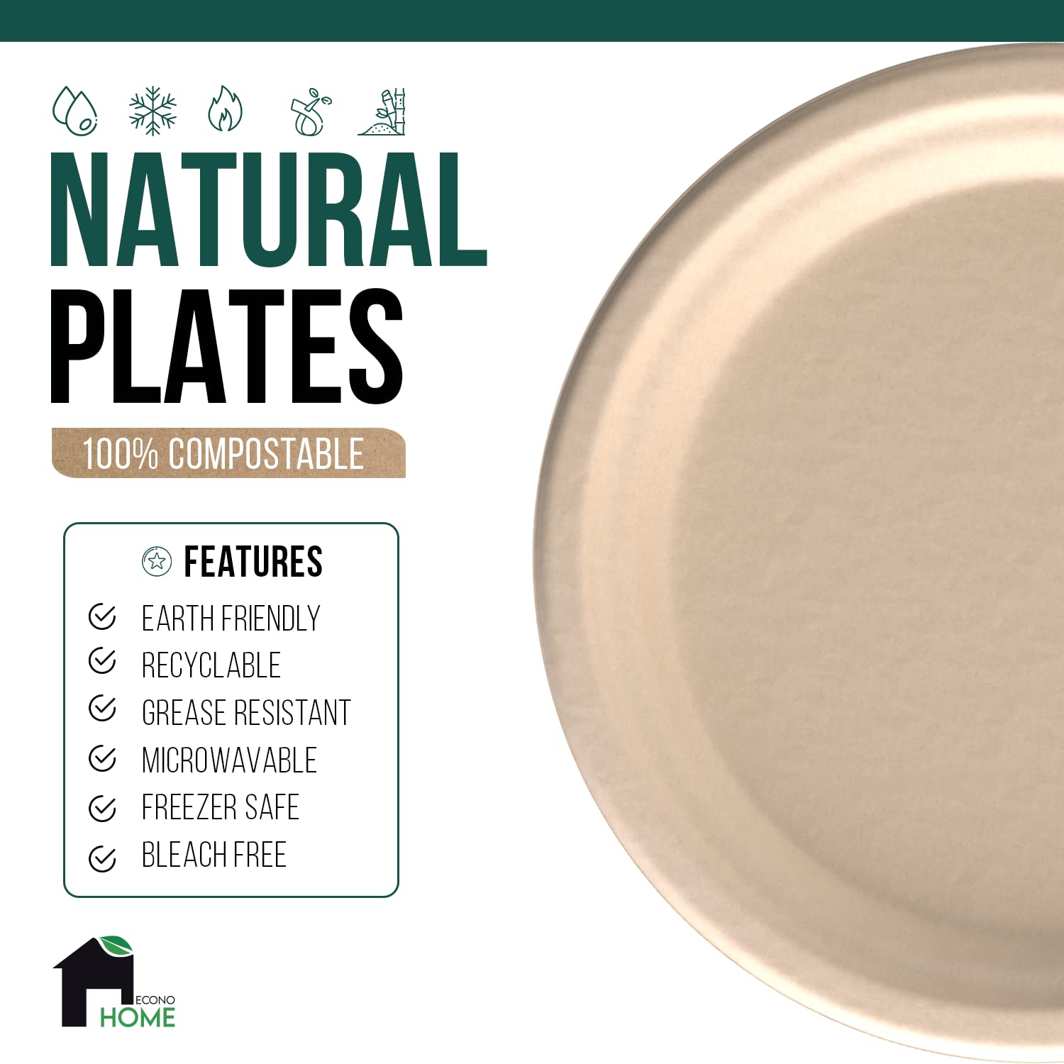 EconoHome 10 Inch Biodegradable Paper Plates [125-Pack] - Eco-Friendly Disposable Plates Made from Sugarcane Fiber - Microwave & Freezer Safe - Heavy Duty Dinner Plates for Parties, BBQs, Picnics & Family Gatherings