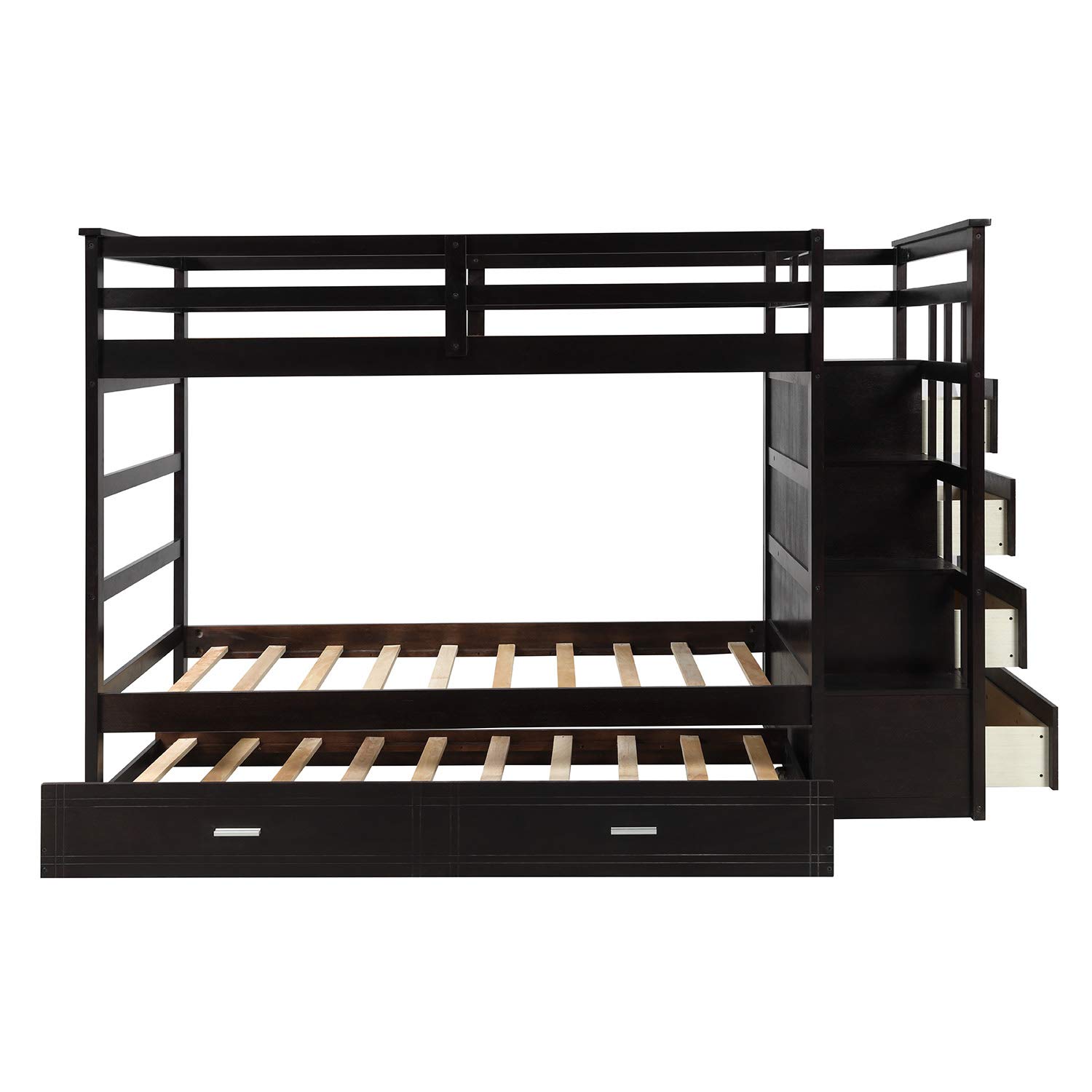 **Twin Over Twin Bunk Bed for Kids - Solid Wood Bunk Bed Frame with Trundle, Staircase, 4 Storage Drawers & Guardrails - No Box Spring Needed (Espresso + Trundle + Twin) - Perfect for Small Bedrooms, Guest Rooms & Kids' Shared Spaces**