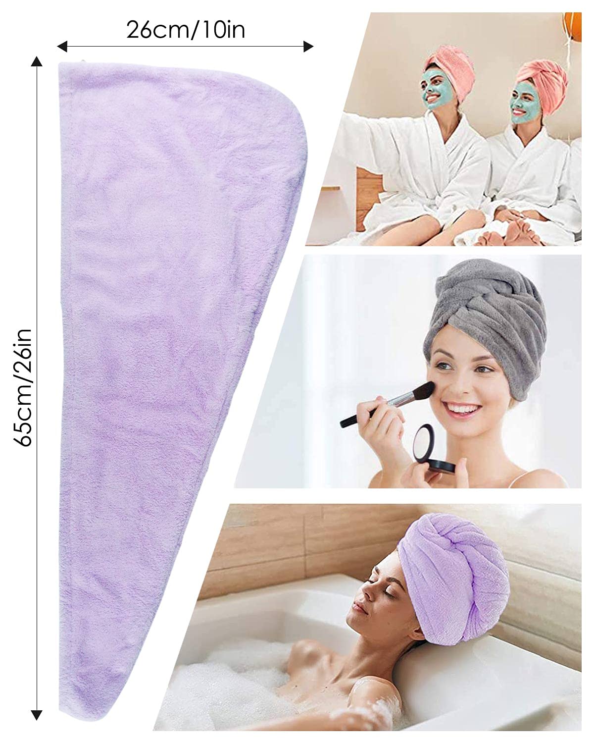 Super Absorbent Microfiber Hair Towel Wrap 3 Pack - Ultra Soft Quick Dry Hair Towel with Button for Women & Men | Perfect for Travel, Beach, Gym, Swimming & Spa | Grey, Pink, Purple Color Options