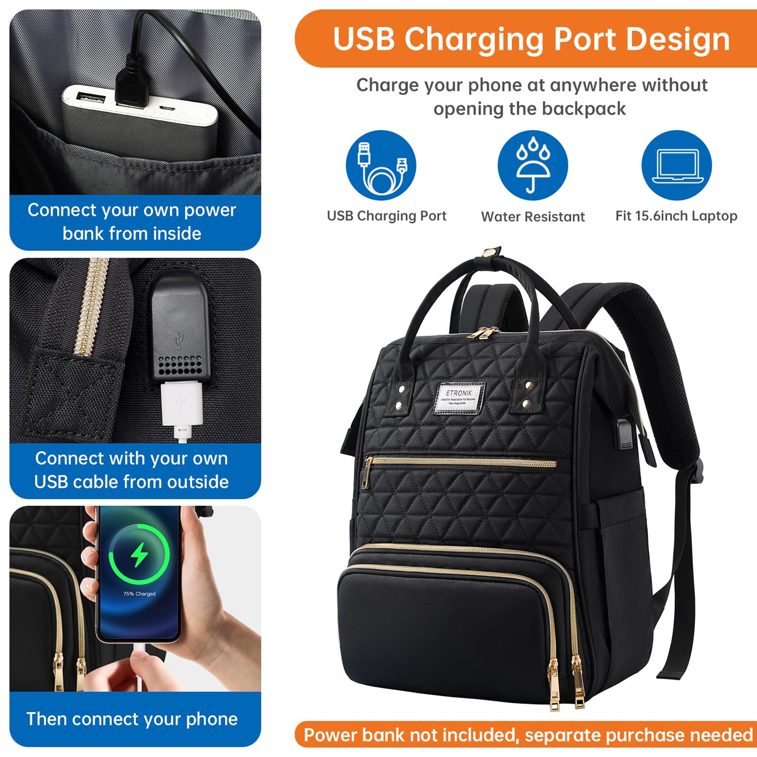 ETRONIK Insulated Lunch Backpack for Women & Men - 15.6 Inch Laptop Backpack with USB Charging Port, Cooler Compartment - Perfect for Work, School, Nursing, Teaching & Travel - Black