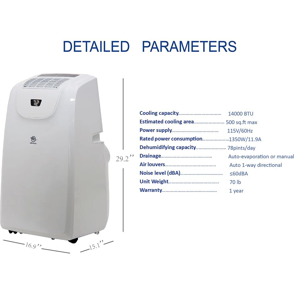 14,000 BTU Portable Air Conditioner with Dehumidifier - Cools Medium to Large Rooms up to 500 Sq.Ft - 115V White AC Unit with Remote Control - Perfect for Living Room, Bedroom, Basement & Office Use