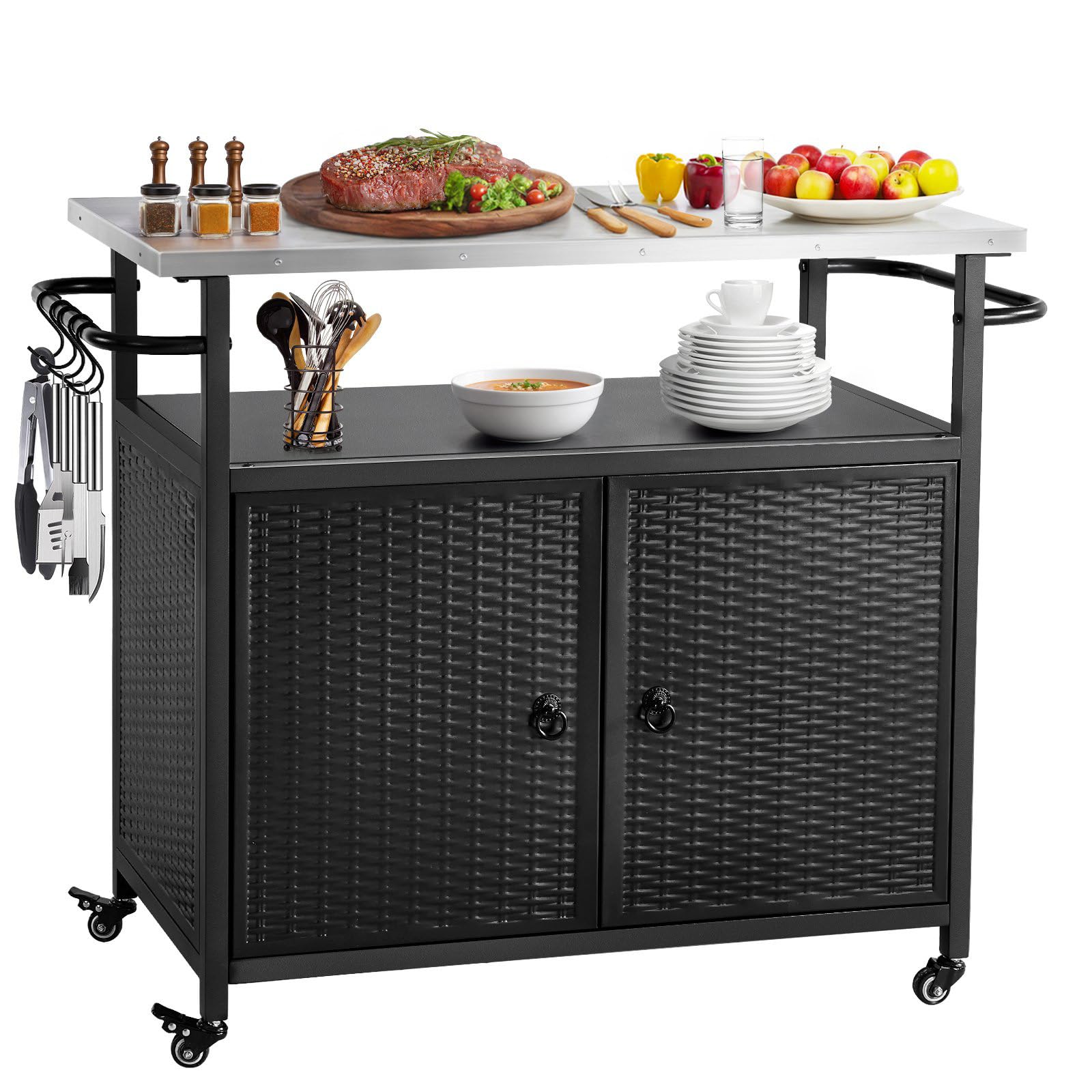 Outdoor Storage Cabinet with Wheels - Stainless Steel Top Kitchen Island Cart for BBQ, Patio & Backyard - Perfect for Outdoor Entertaining, Grilling & Garden Storage