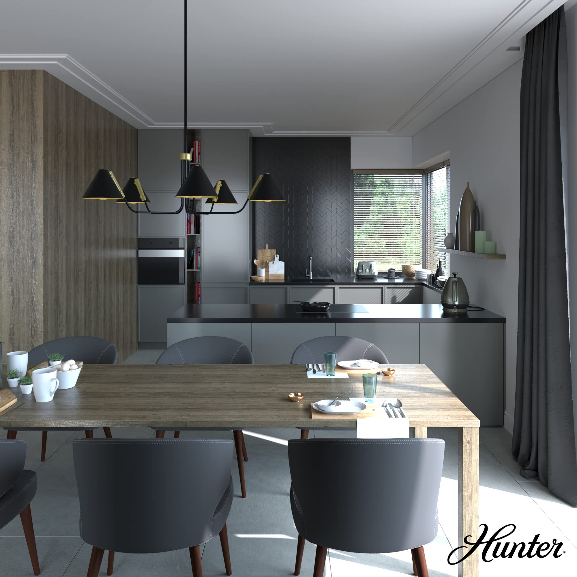 Hunter Fan Company 19195 Grove Isle 5-Light Matte Black Chandelier - Modern Ceiling Light Fixture for Dining Room, Bedroom, or Living Room Decor