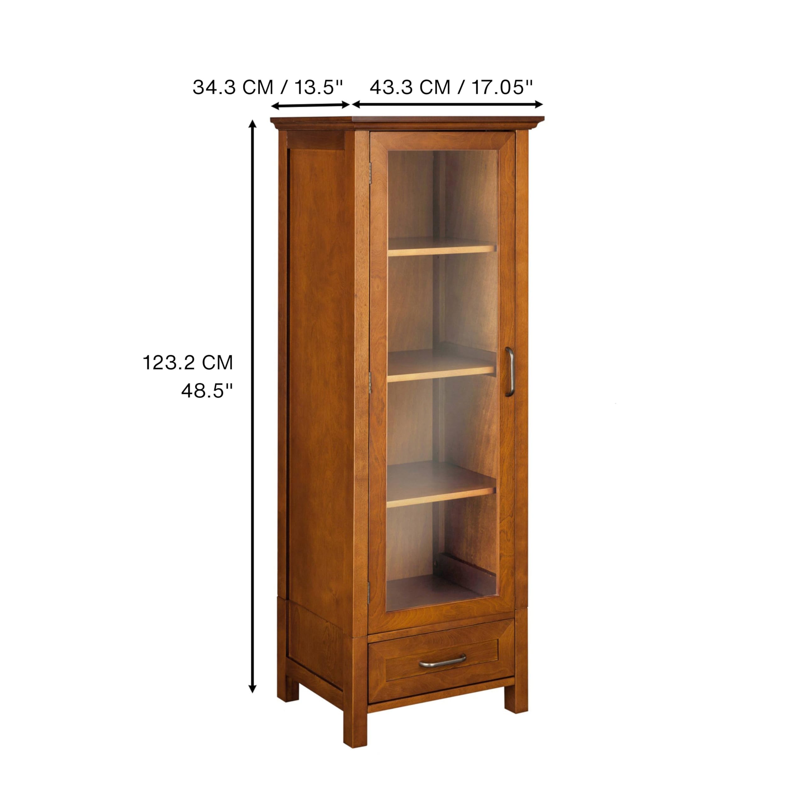 Teamson Home Avery Linen Tower - Tall Slim Narrow Wooden Bathroom Storage Cabinet with Glass Panel Door, 4 Tiered Shelves & 1 Drawer in Oil Oak Finish | Space-Saving Organizer for Bathroom Essentials, Towels & Toiletries
