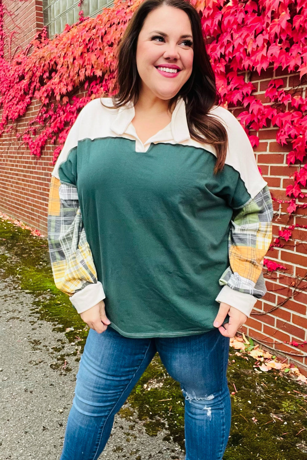 Fall For You Hunter Green Plaid Color Block Collared Terry Top - Women's Fashion Long Sleeve Shirt for Autumn Outfits, Casual Wear & Layering
