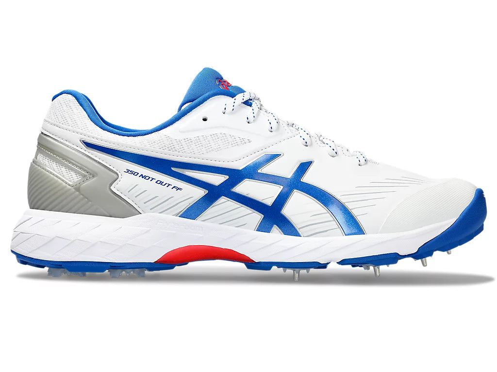 ASICS 350 Not Out White/Tuna Blue Cricket Shoes with Metal Spikes - Perfect for Professional Cricket Matches & Training Sessions