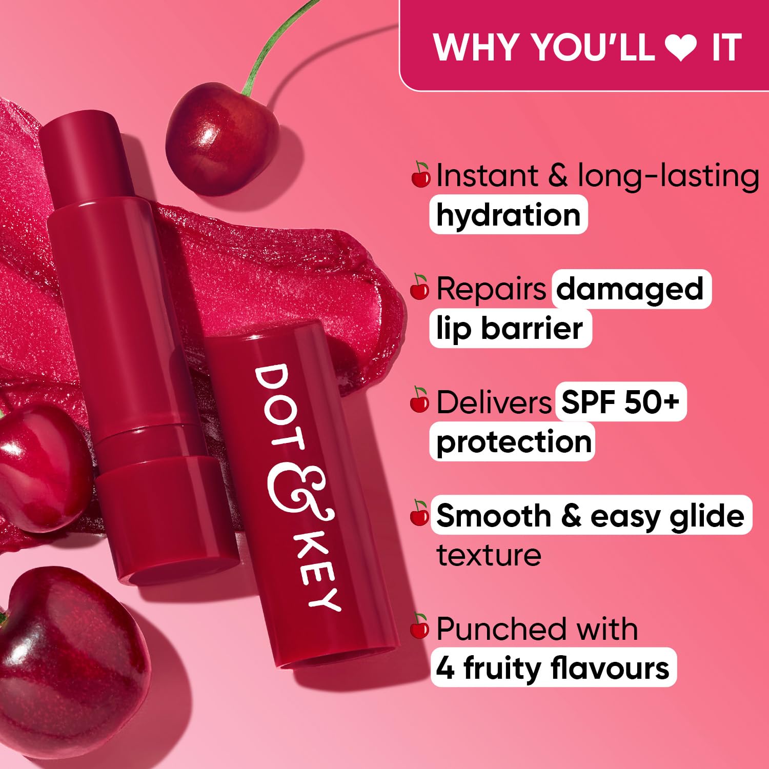 Dot & Key Barrier Repair Hydrating Lip Balm SPF 50 - Cherry Crimson Tinted Lip Care for Dry & Chapped Lips | Repairs Damaged Lip Barrier | 4.5g | Perfect for Outdoor Activities, Sun Protection & Daily Moisturizing