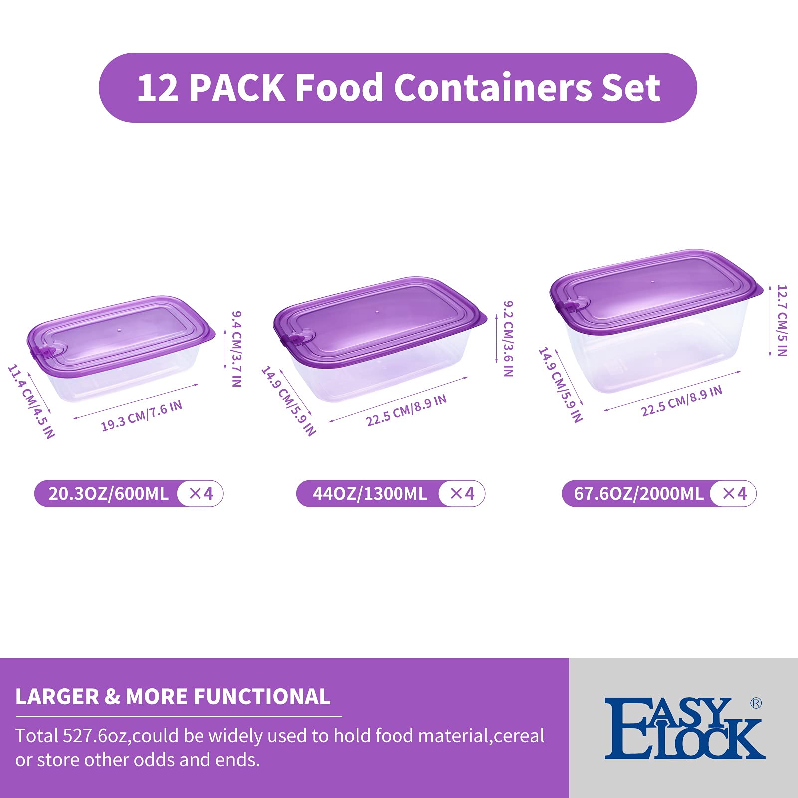 12-Pack Large Capacity Food Storage Containers with Lids - 527oz BPA-Free Transparent Meal Prep Containers Set - Perfect for Meal Prepping, Leftovers & Pantry Organization (EASYLOCK System)