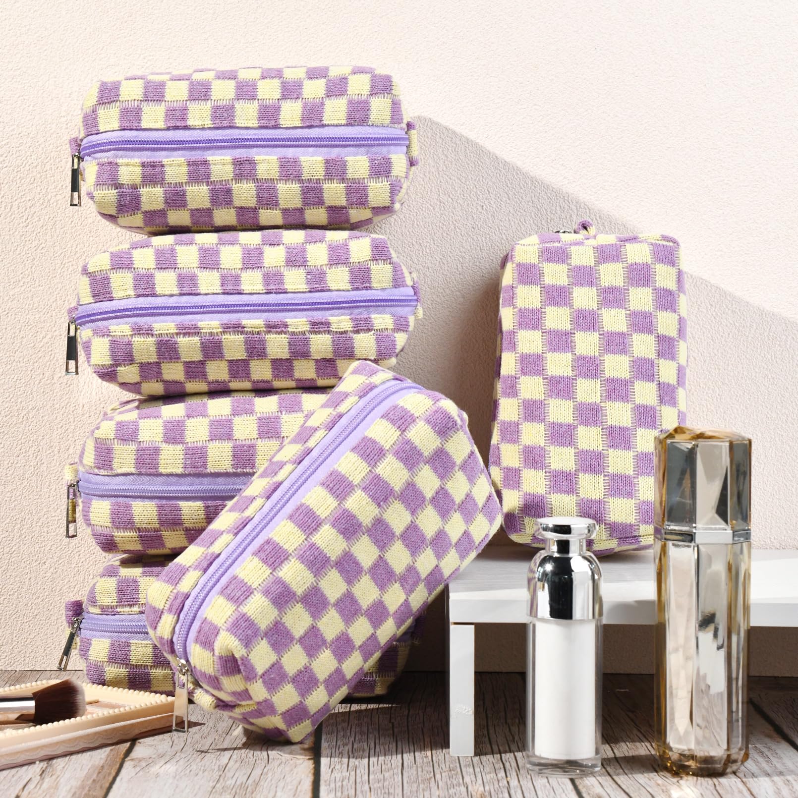 6-Piece Preppy Makeup Bag Set - Bulk Checkered Cosmetic Pouches in Purple | Personalized Travel Toiletry Organizer | Cute DIY Makeup Brushes Storage for Women | Perfect for Travel, Gifts & Daily Beauty Organization