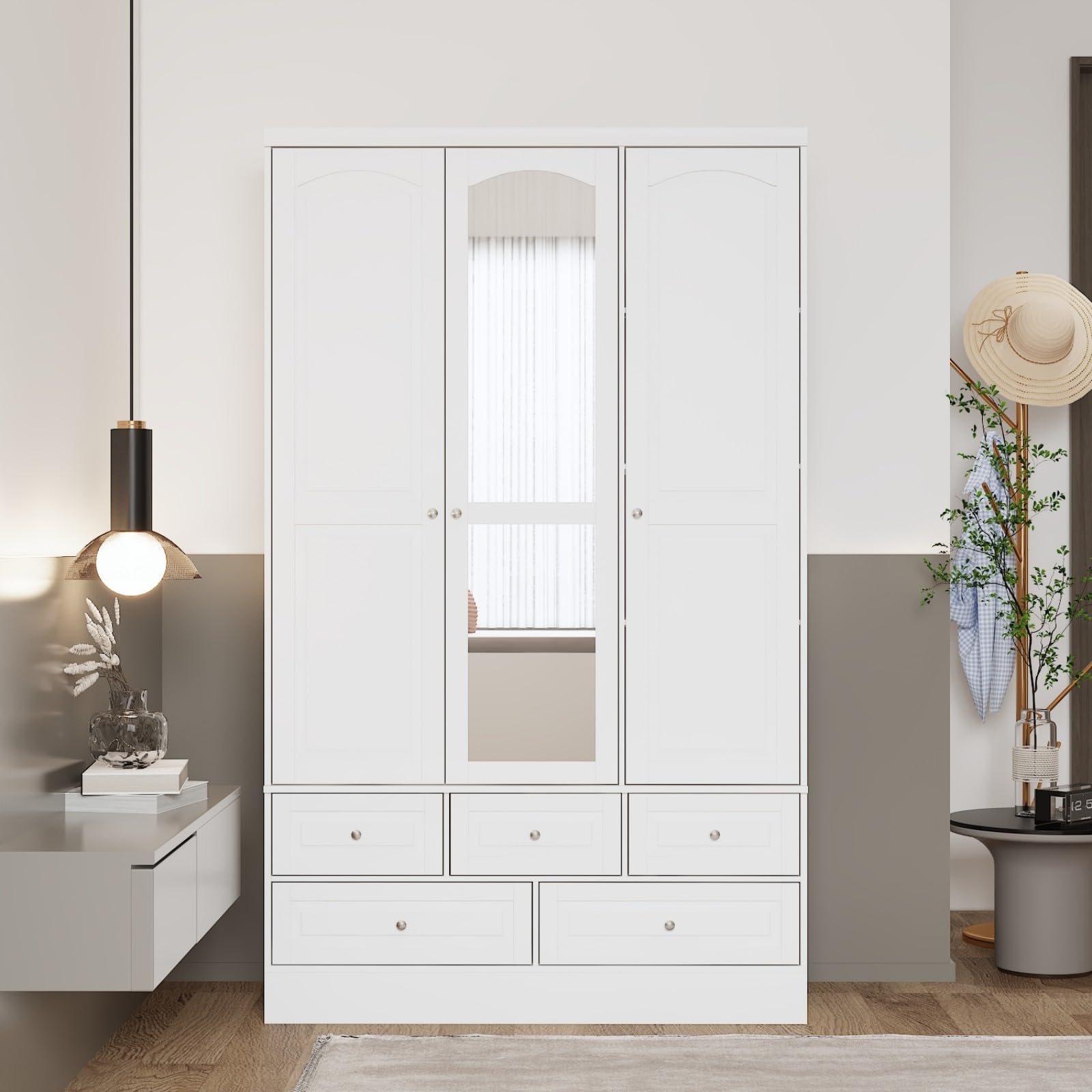 MOUMON White 3 Door Wardrobe Closet with Mirror, 5 Drawers, Hanging Rod & 4 Tier Shelves - Bedroom Storage Cabinet (47.8”W x 19.7”D x 78.7”H) for Clothes, Shoes & Accessories Organization
