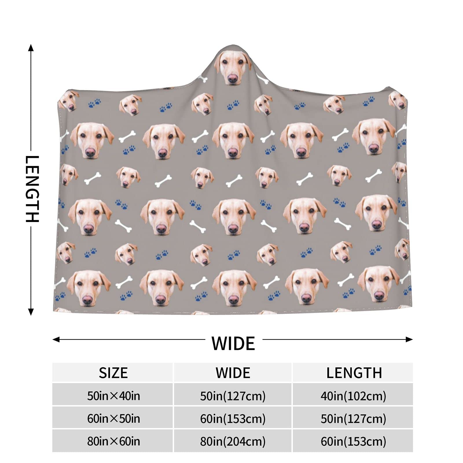 Custom Hooded Blankets with Pet Photos - Personalized Dog Face Blankets for Kids, Women & Men (50