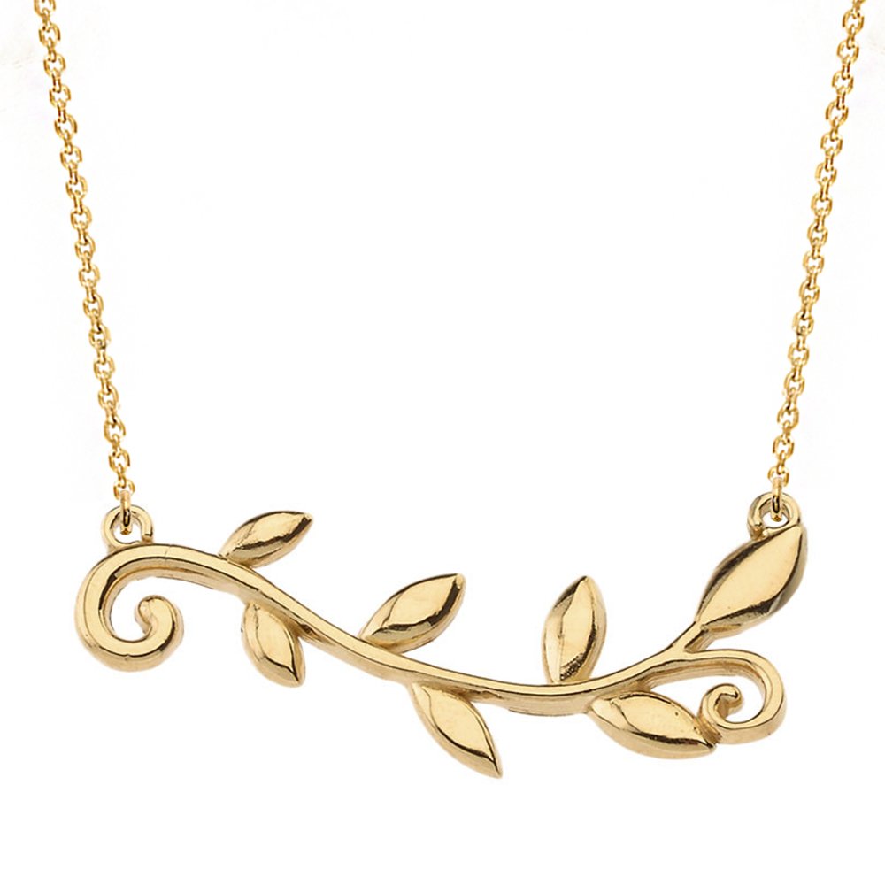 14K Yellow Gold Olive Branch Necklace for Women - High Polish Horizontal Design, Perfect for Everyday Wear, Gifts & Special Occasions