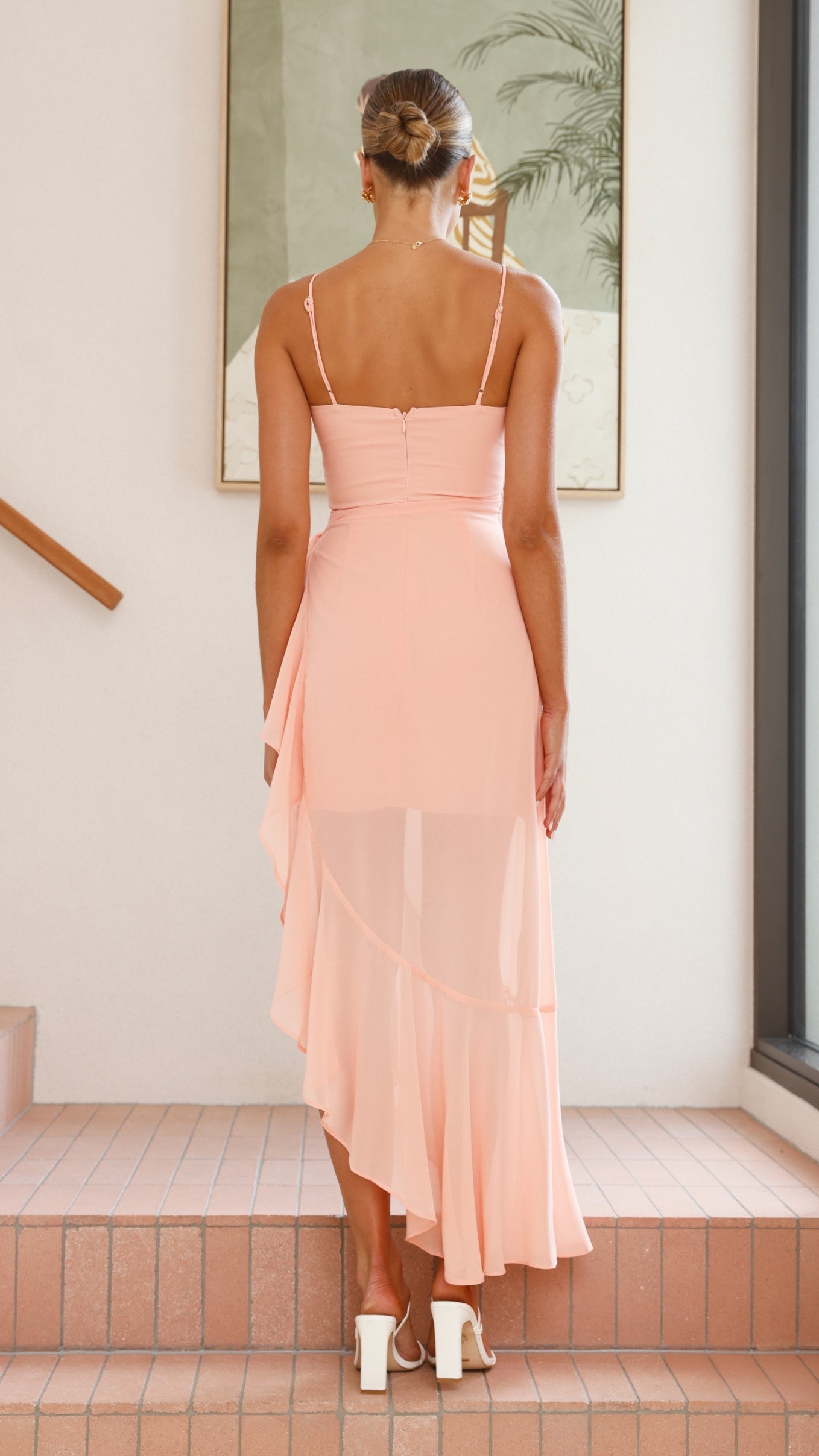 Caliste Midi Dress in Peach - Flowy Summer Dress for Women, Beach Wedding Guest Outfit & Casual Daywear