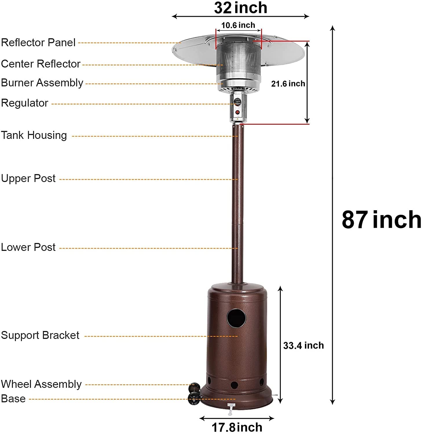Outdoor Propane Patio Heater 48,000 BTU - CSA Certified Tall Standing Steel Heater with Hammered Bronze Finish, Cover & Pulley Accessories for Garden, Backyard, Deck, and Restaurant Outdoor Heating