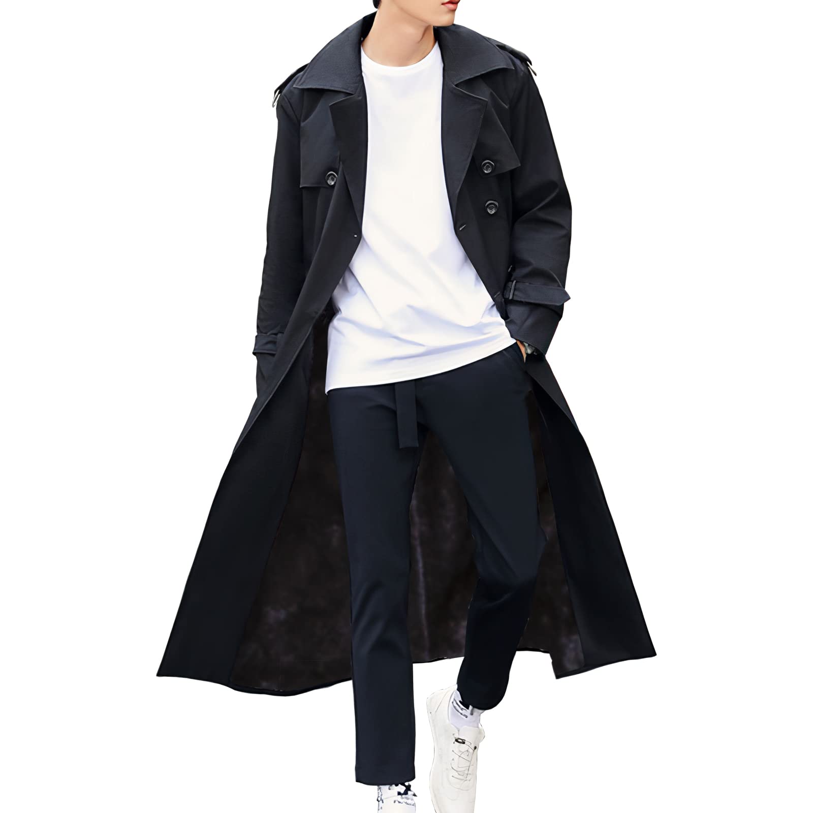 Pantete Men's Double Breasted Trench Coat - Oversized Casual Windbreaker with Lapel - Long Jacket Overcoat for Business, Travel & Fall Fashion