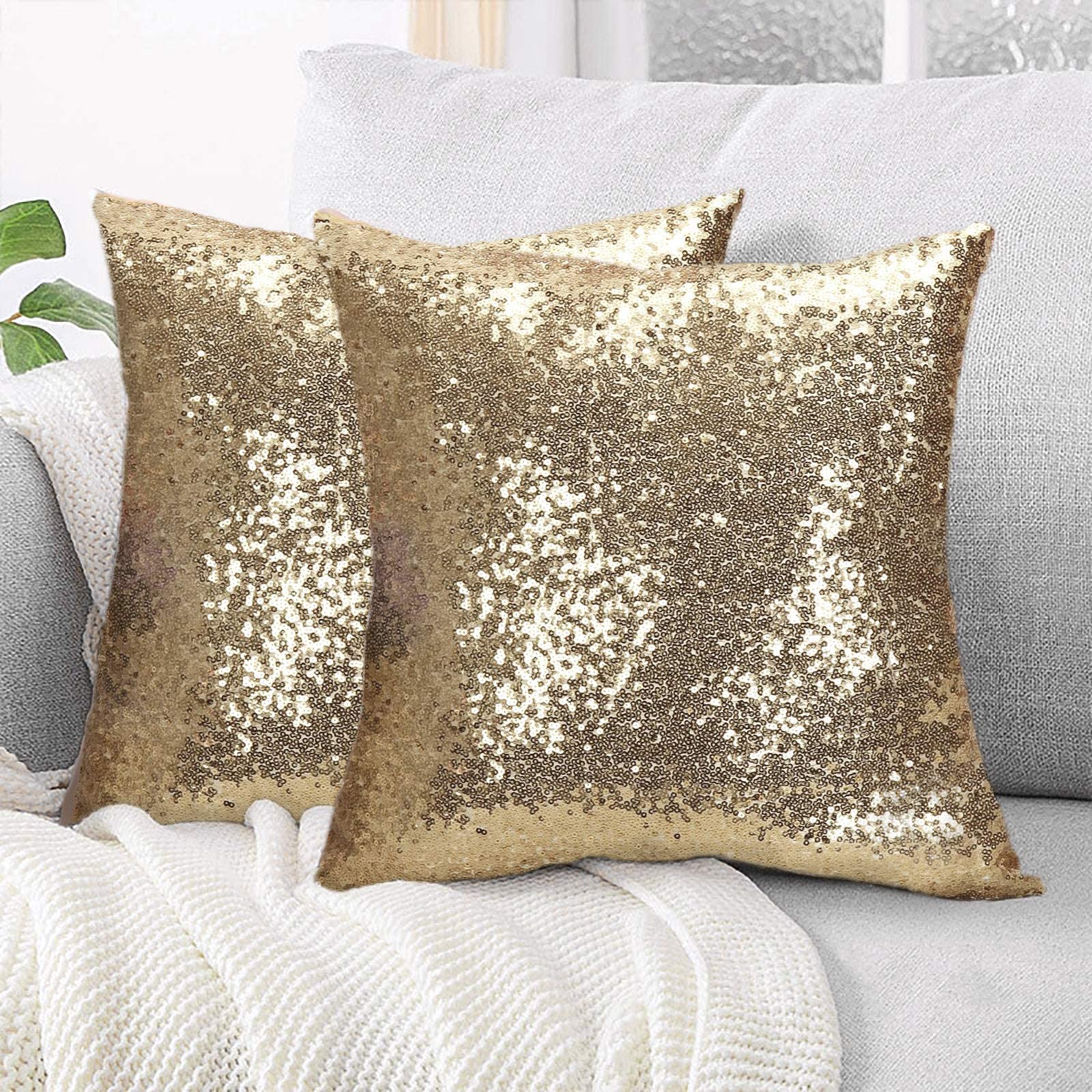 ShinyBeauty Sequin Pillow Case 20x20 Inches 2 Pack - Light Gold Glitter Decorative Throw Pillow Covers for Couch, Bed, Sofa - Sparkling Holiday Home Decor & Party Accents