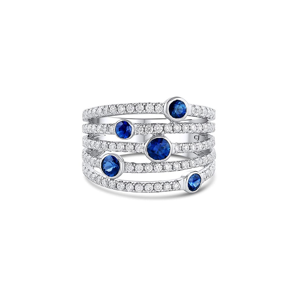 18K White Gold 0.80ctw Sapphire and Diamond 5 Row Wide Band Ring for Women - Elegant Wedding, Anniversary, or Gift Jewelry for Special Occasions