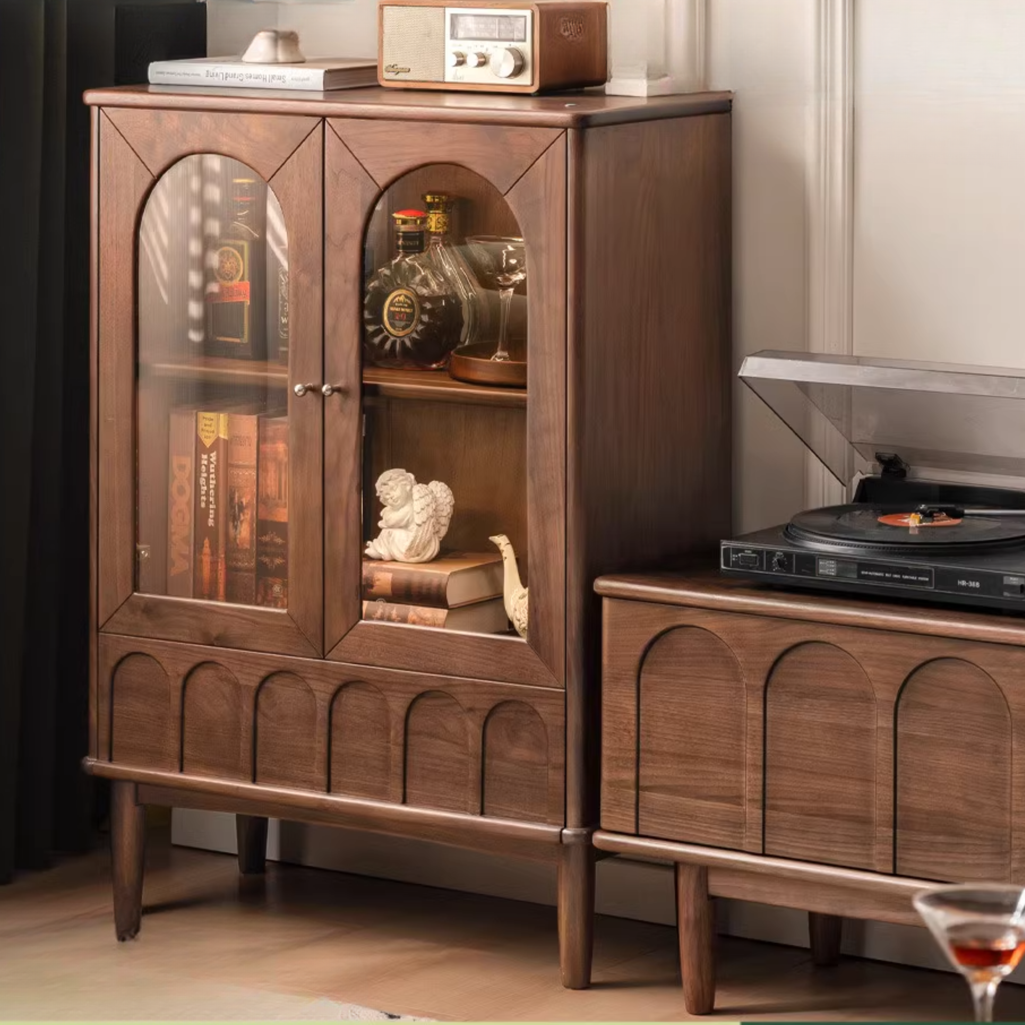 Black Walnut Solid Wood French Retro Side Cabinet - Vintage Style Storage for Living Room, Bedroom & Entryway - Perfect for Home Decor & Organization