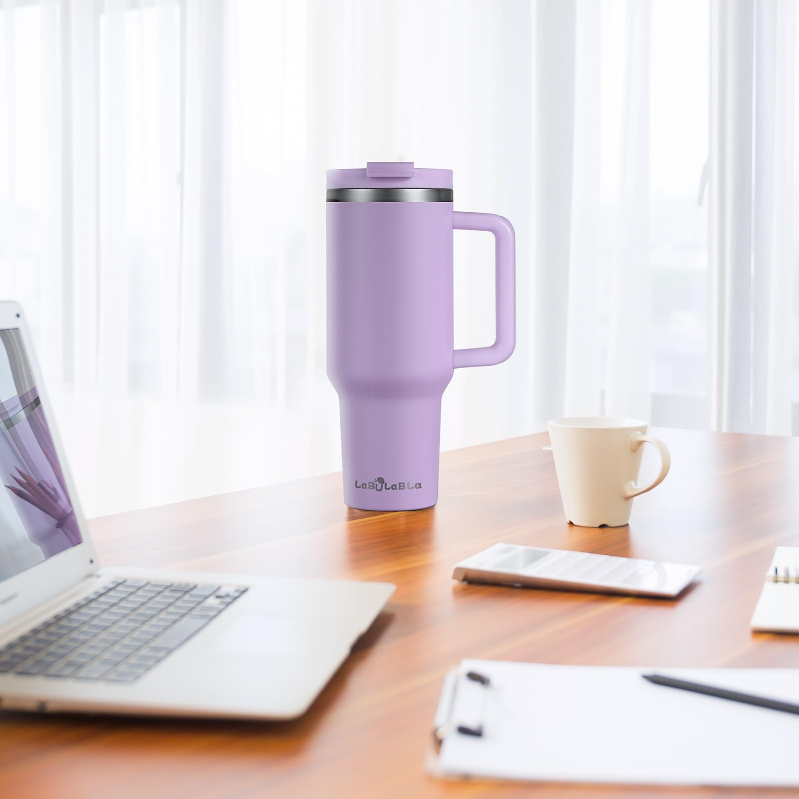40oz Stainless Steel Tumbler with Handle - Double Wall Vacuum Insulated Water Bottle, Leak Proof Lid & Straw for Iced/Cold Drinks - Keeps Beverages Hot or Cold for Hours - Perfect for Gym, Office, Travel & Outdoor Activities (Lavender Purple)