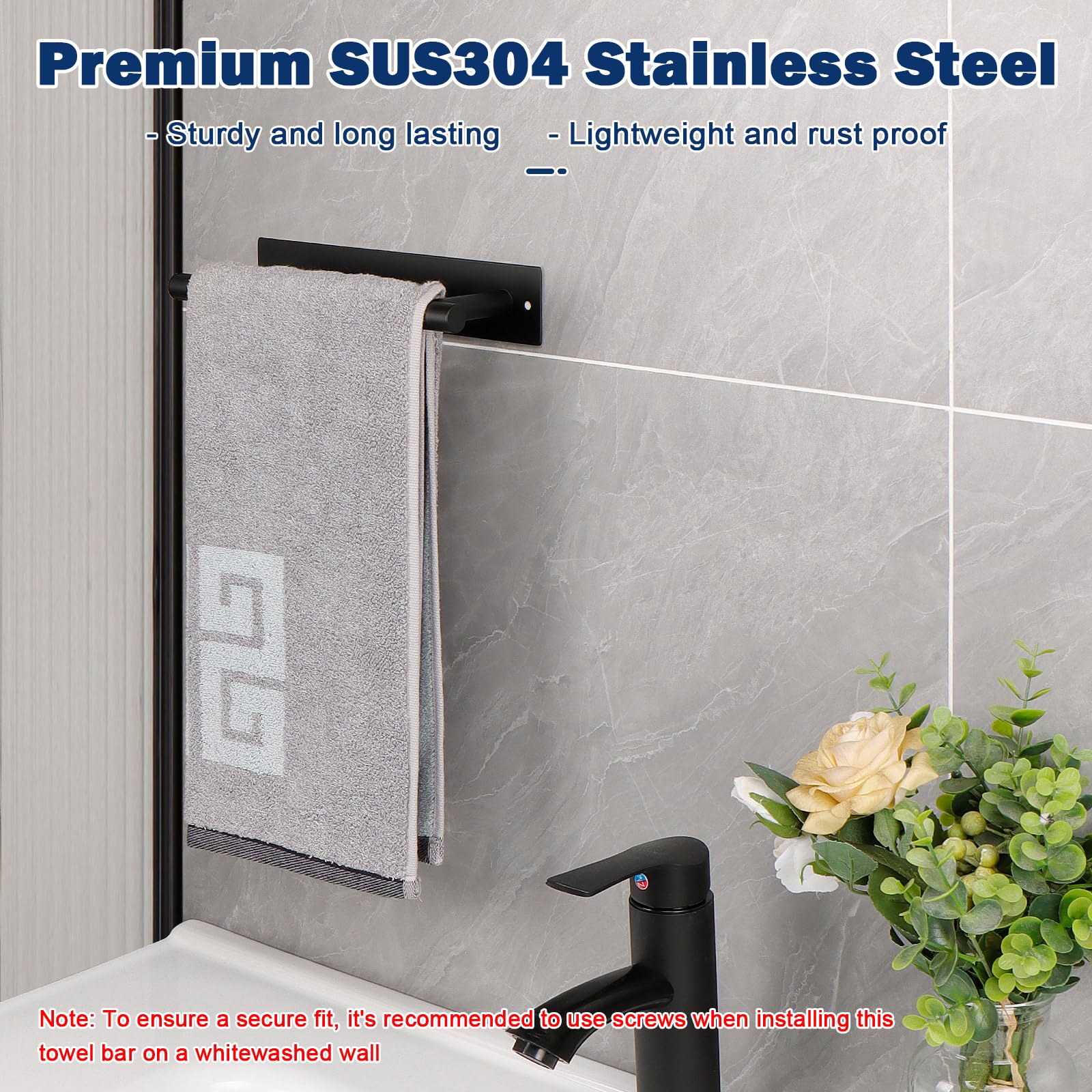 NearMoon Self Adhesive Stainless Steel Towel Holder - Rustproof Wall Mounted Hand Towel Ring for Bathroom & Kitchen - Matte Black (1-Pack) - Perfect for Small Spaces, Apartments, RVs & Dorm Rooms