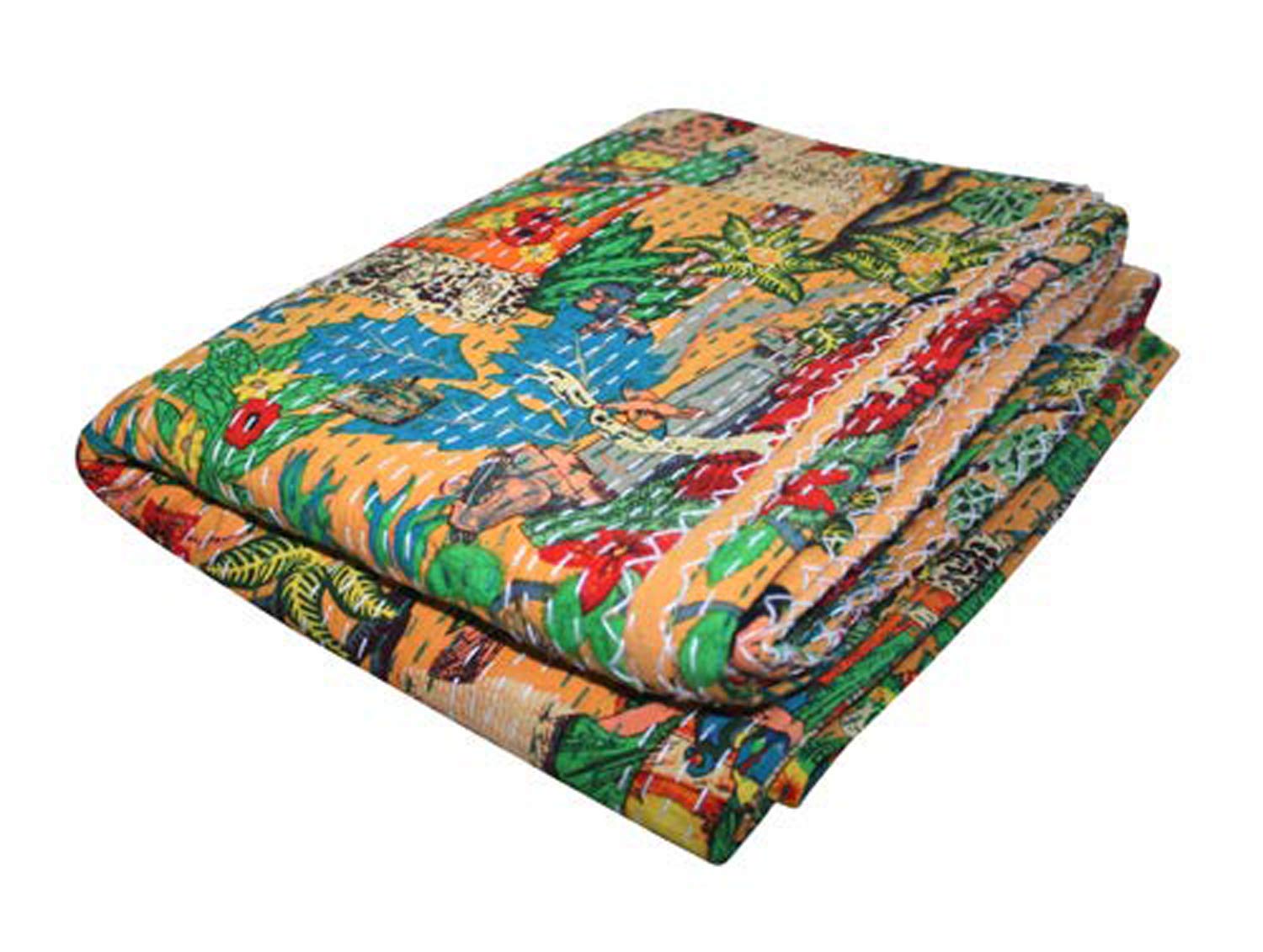 Bohemian Indian Cotton Kantha Quilt - Reversible Gudri Throw Blanket for Queen Bed | Ethnic Hippie Bedspread, Decorative Comforter & Room Decor | Perfect for Boho Chic Bedrooms, Cozy Living Rooms & Meditation Spaces