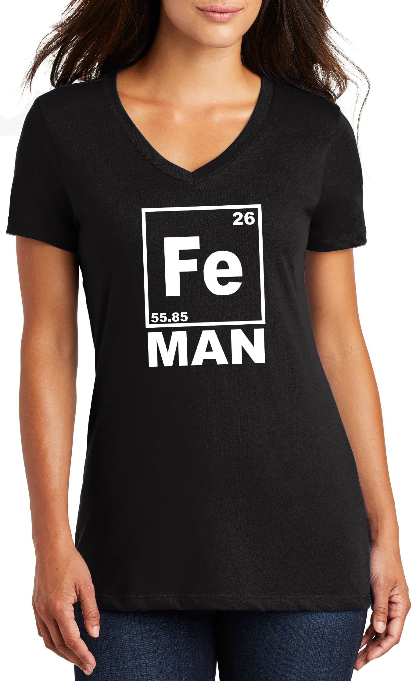 Funny Iron Man Chemistry Periodic Table V-Neck T-Shirt for Women - Comical Science Geek Tee - Perfect for Cosplay, Comic Con & Marvel Fans