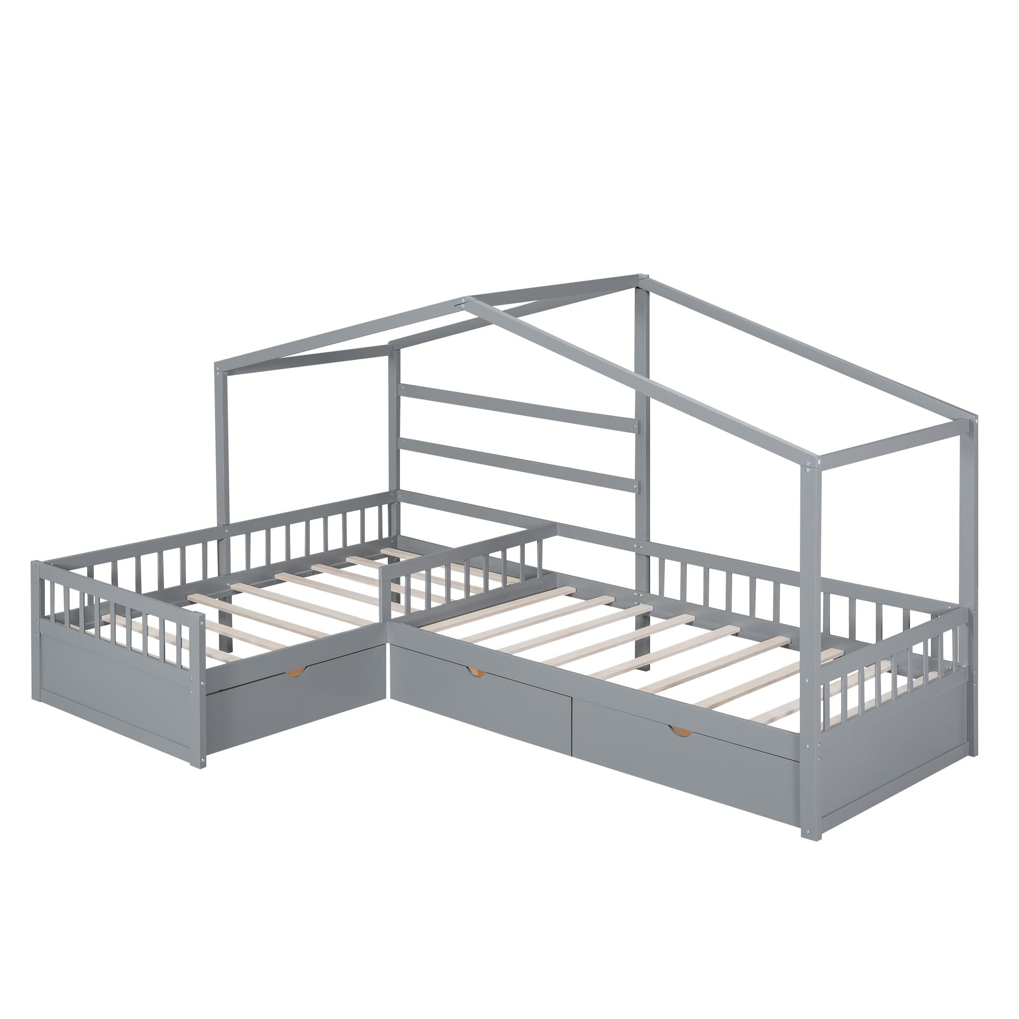 P PURLOVE L-Shaped Twin Wooden House Platform Bed Frame with 3 Storage Drawers & Guardrail - No Box Spring Needed, Gray - Perfect for Small Bedrooms, Kids Rooms & Space-Saving Storage Solutions
