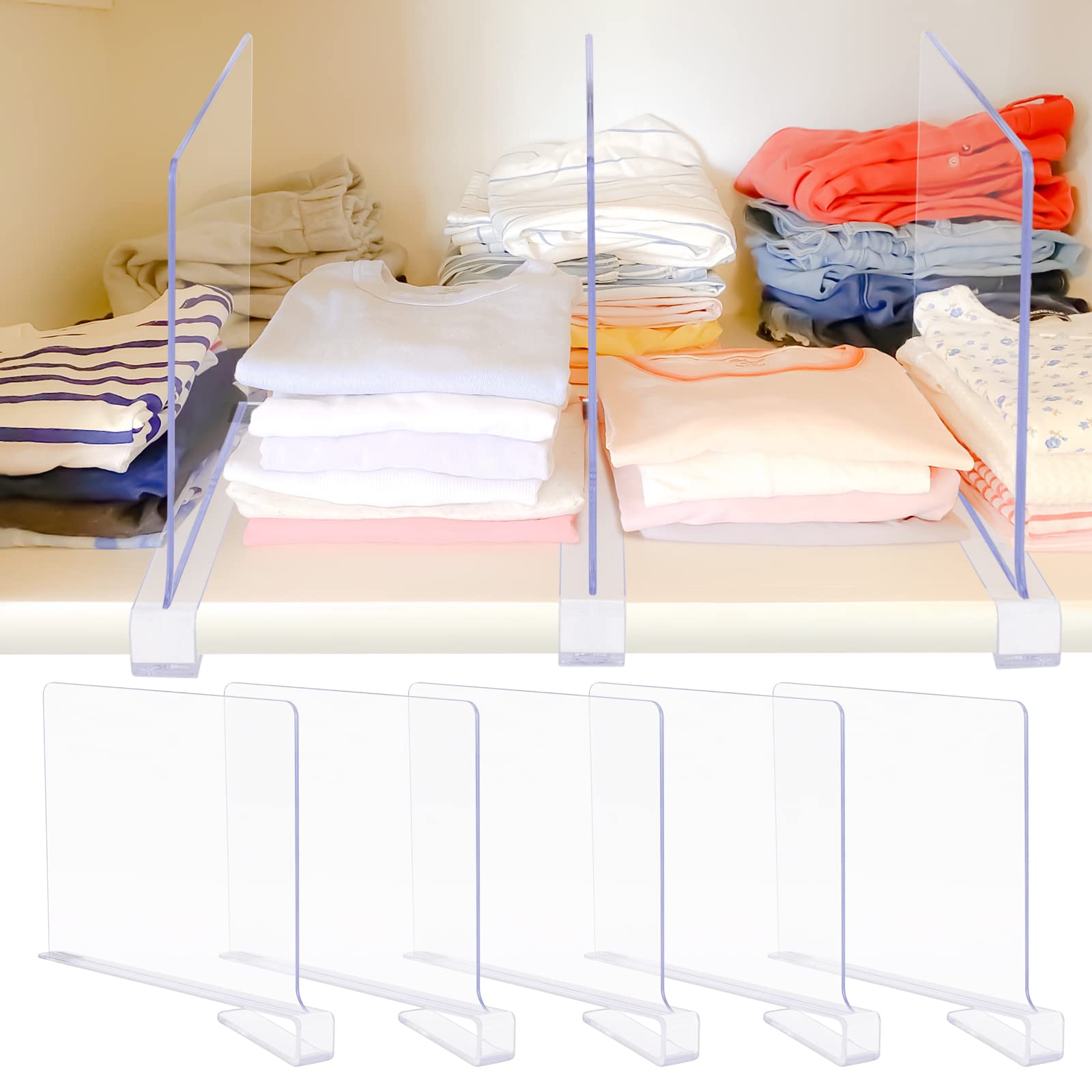 Kosiehouse Acrylic Shelf Dividers - Set of 8 Sturdy Closet Organizers for Wood Shelves | Easy Install Storage Separators for Bedroom, Kitchen, Bathroom & Office | Perfect for Organizing Clothes, Books, Kitchenware & Office Supplies