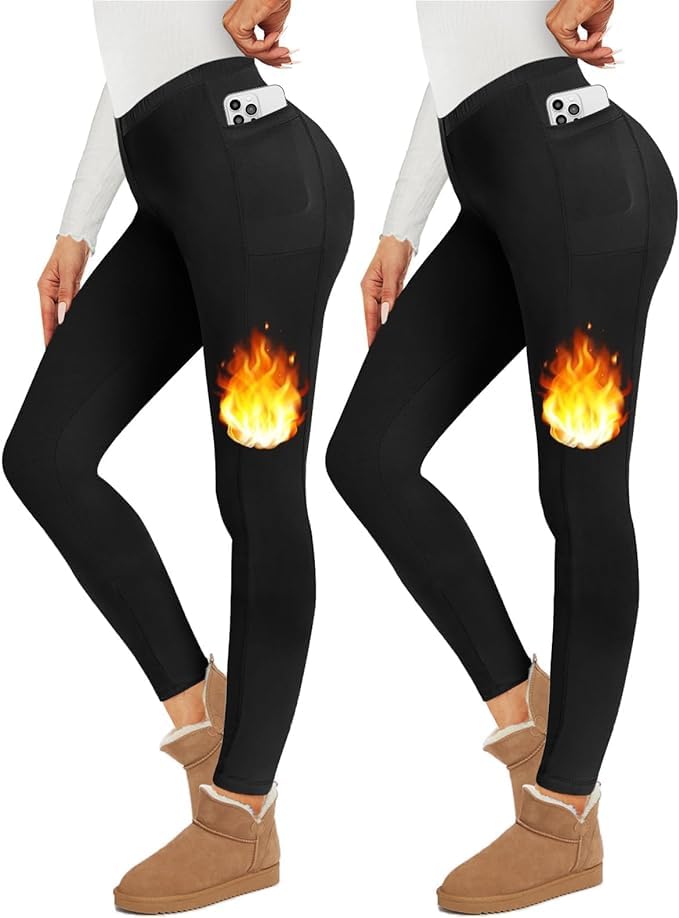 Happy Angel 2 Pack Fleece Lined Leggings for Women - Thermal Warm Winter Workout Yoga Pants, Black - Perfect for Cold Weather Running, Gym & Lounge Wear