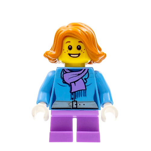 LEGO Minifigure Girl with Blue Jacket & Purple Scarf - Short Legs Building Toy for Kids - Perfect for Creative Play, Collecting & DIY City Scenes
