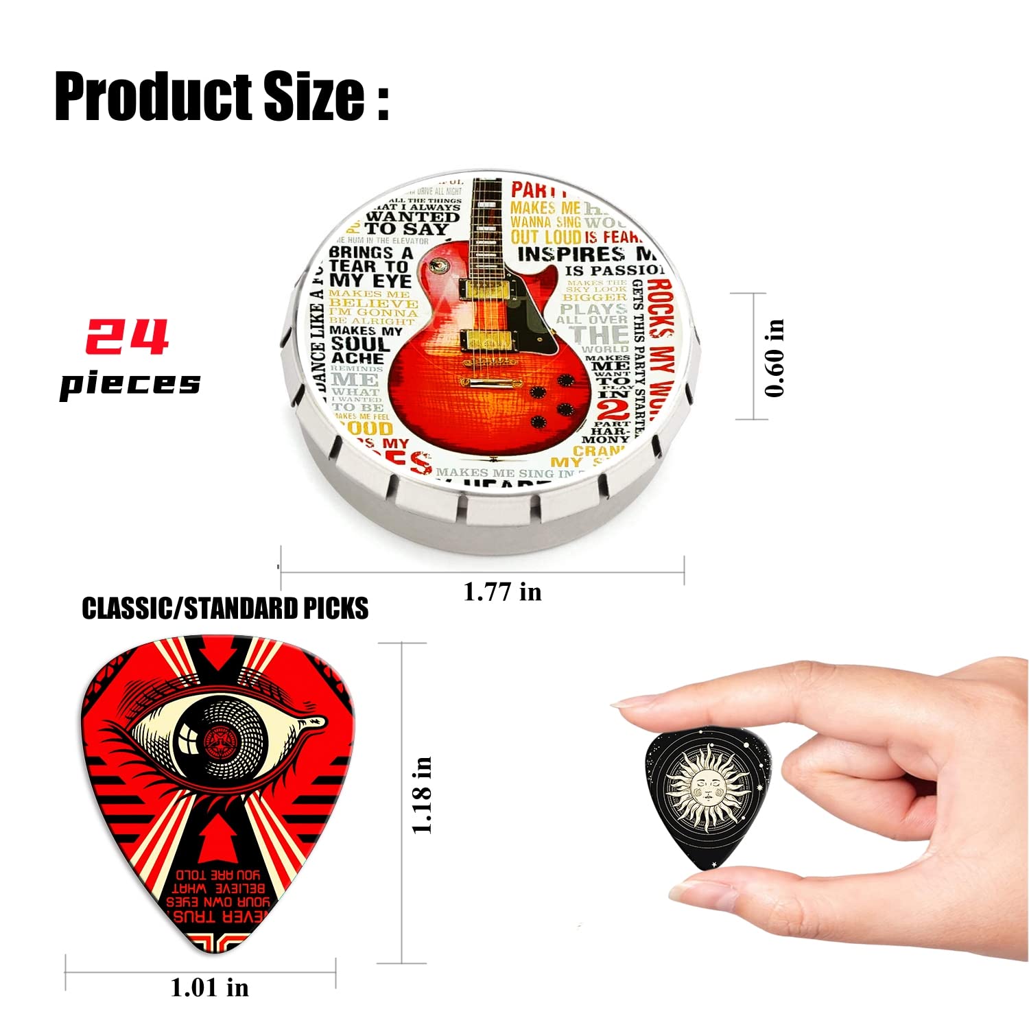 24 Pack Guitar Picks Variety Set - Thin, Medium, Heavy & Extra Heavy Celluloid Picks with Tin Box for Acoustic, Electric & Bass Guitar - Perfect Gift for Musicians & Music Lovers - Ideal for Practice, Recording & Live Performances
